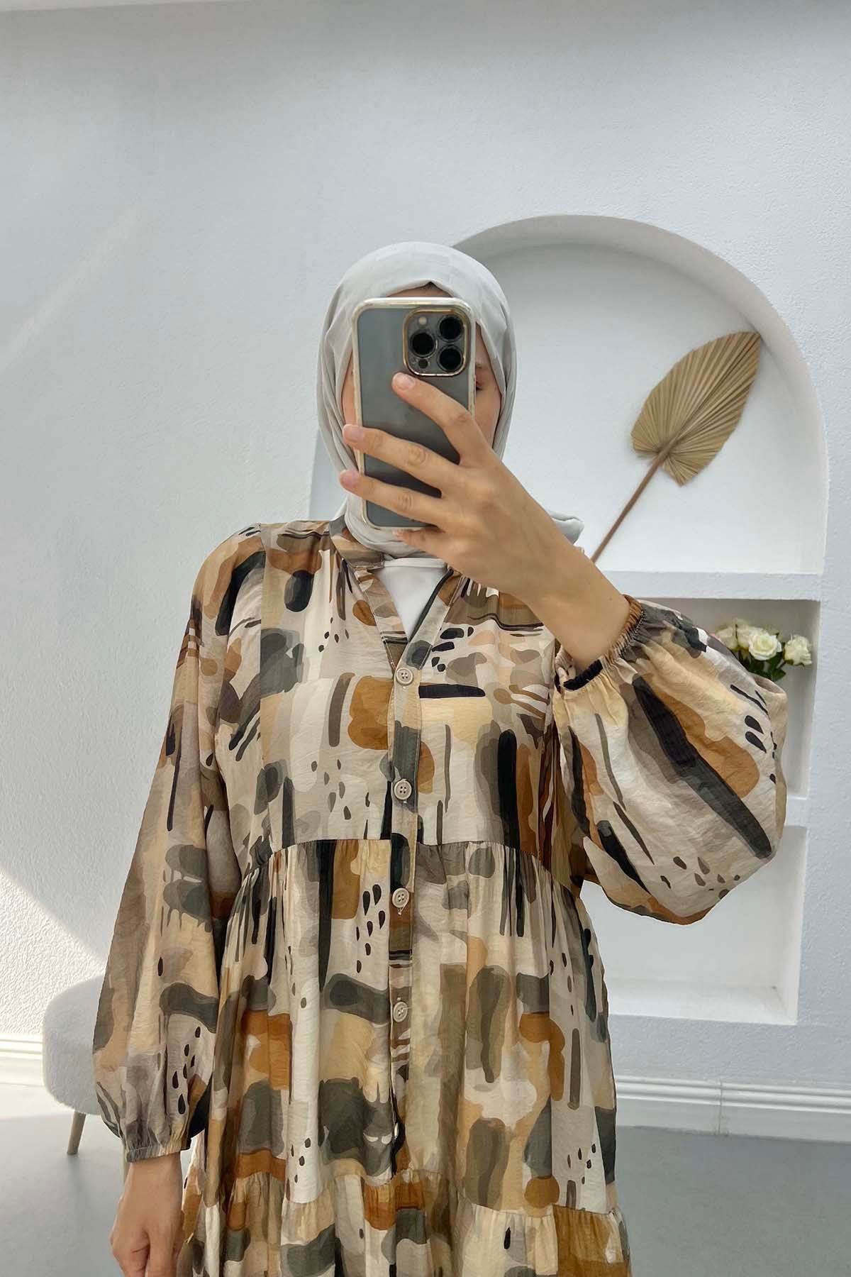 V Yaka Desenli Elbise Kahve