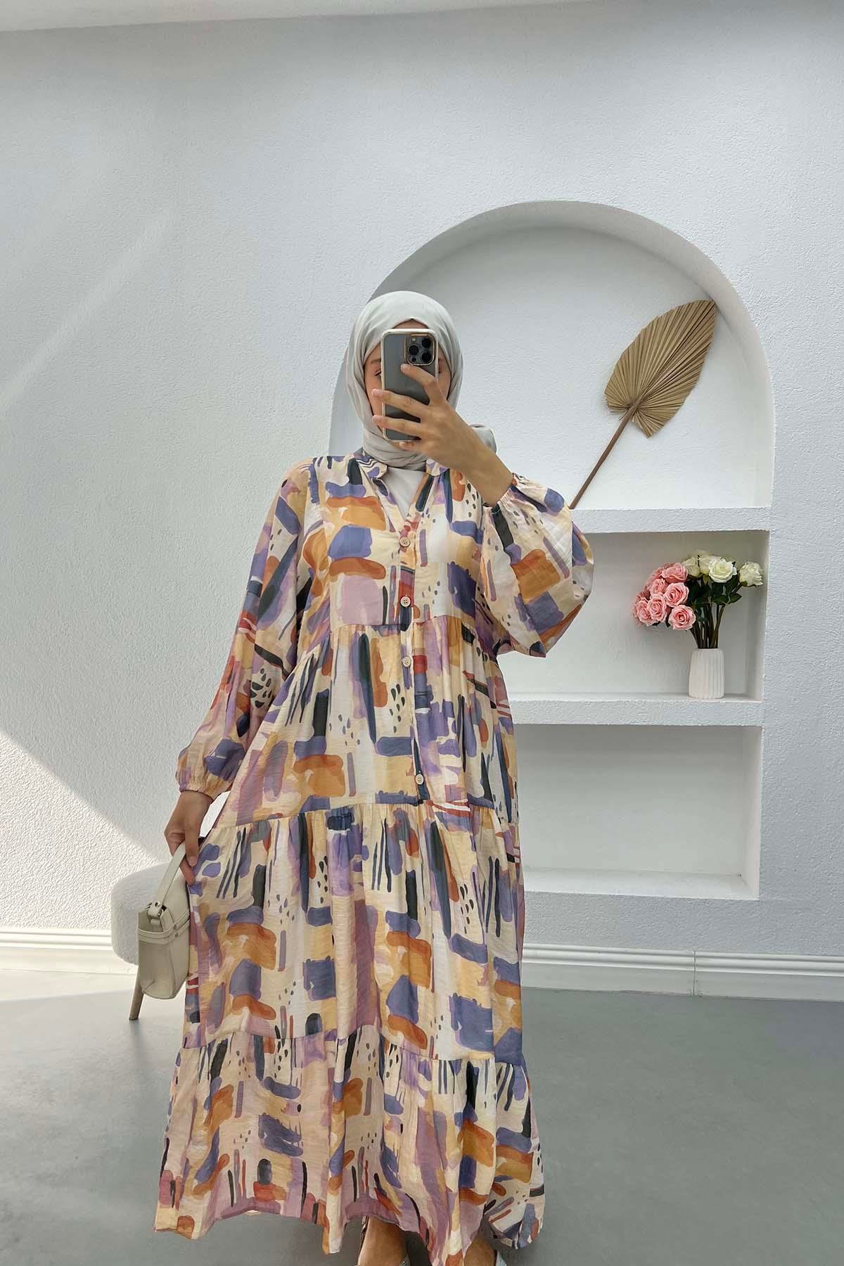 V Yaka Desenli Elbise Mor