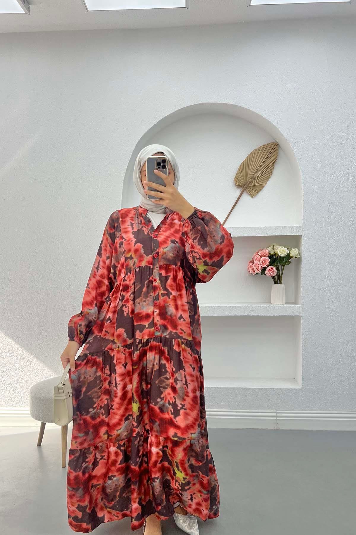 V Yaka Düğmeli Elbise Bordo