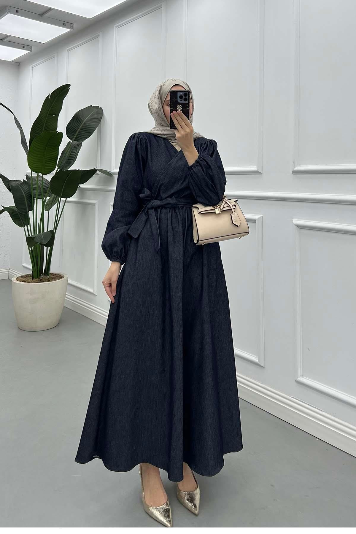 V-Yaka Kuşaklı Denim Elegance Elbise Antrasit