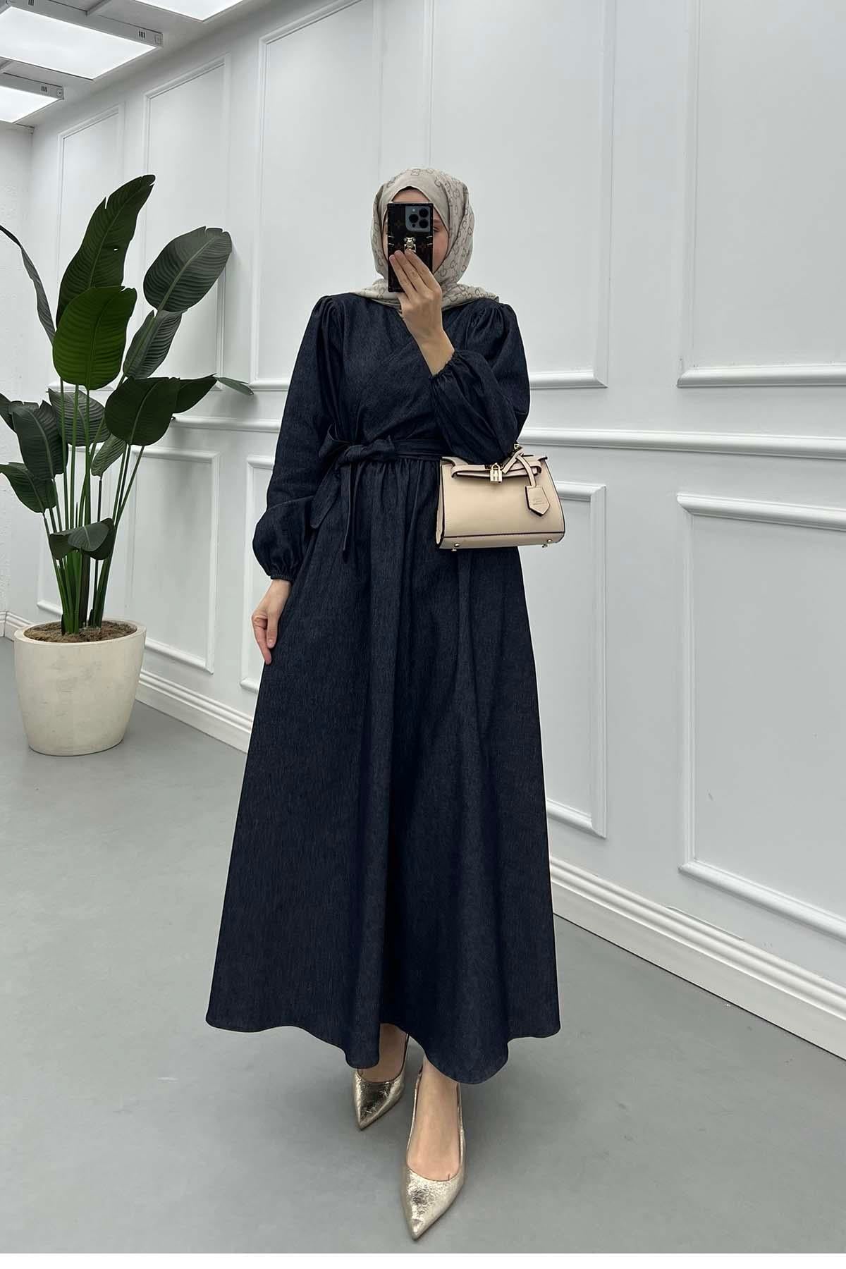 V-Yaka Kuşaklı Denim Elegance Elbise Antrasit