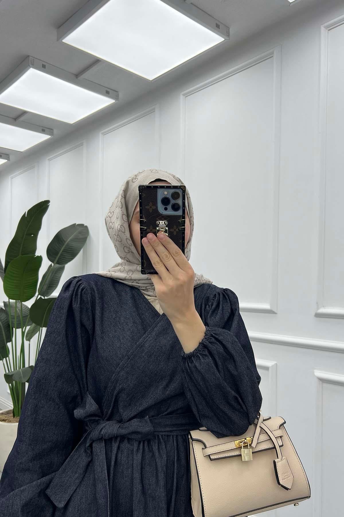 V-Yaka Kuşaklı Denim Elegance Elbise Antrasit