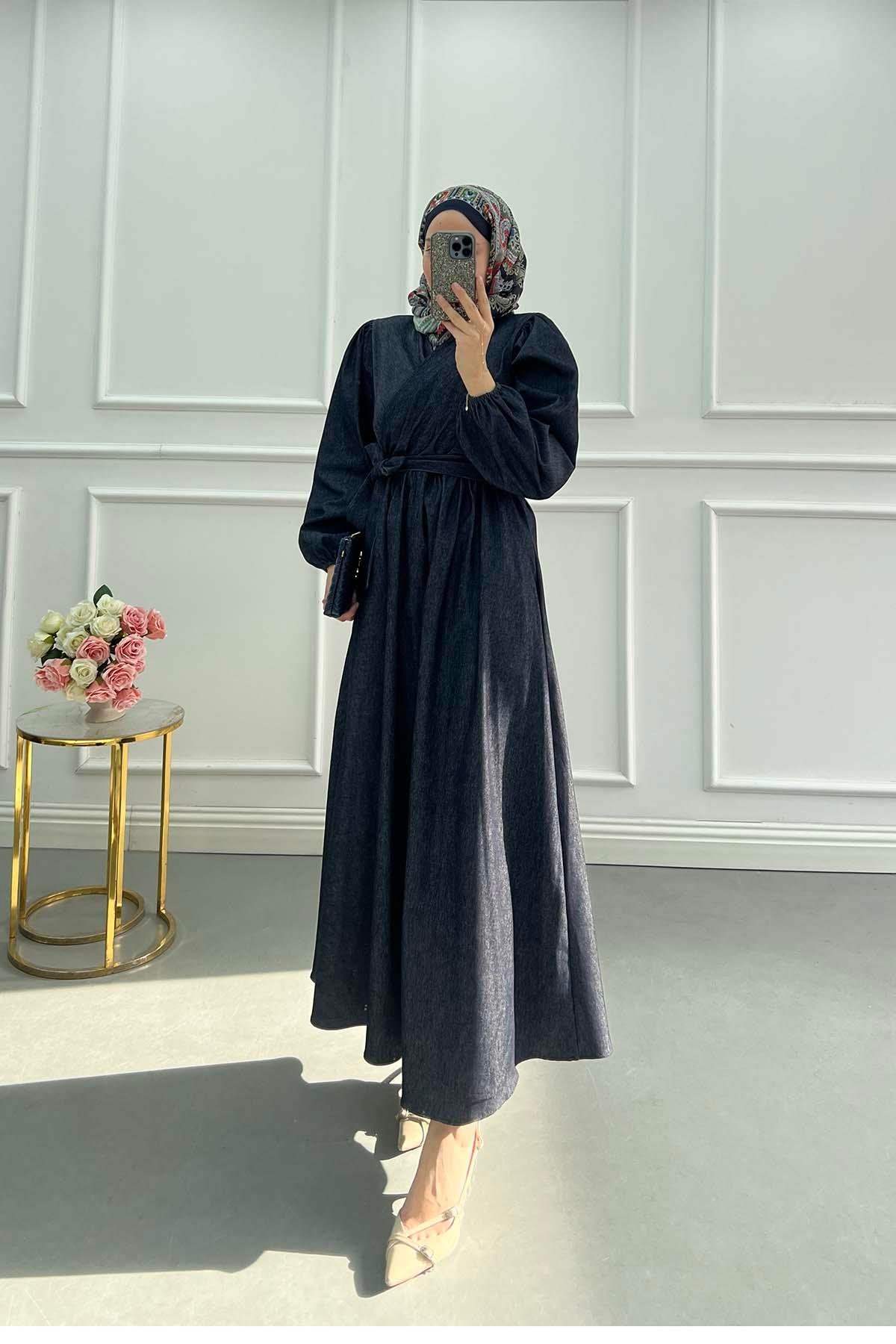 V-Yaka Kuşaklı Denim Elegance Elbise Lacivert