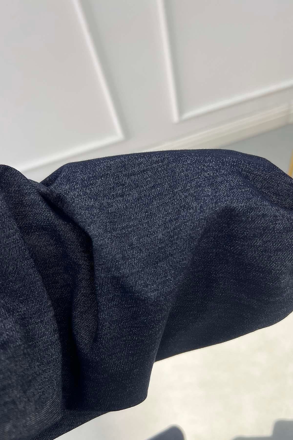 V-Yaka Kuşaklı Denim Elegance Elbise Lacivert