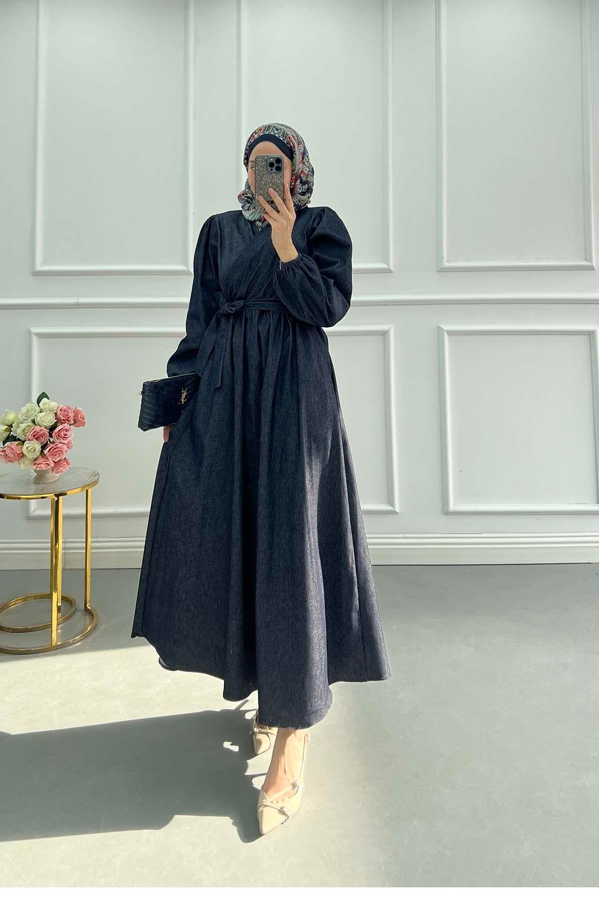 V-Yaka Kuşaklı Denim Elegance Elbise Lacivert
