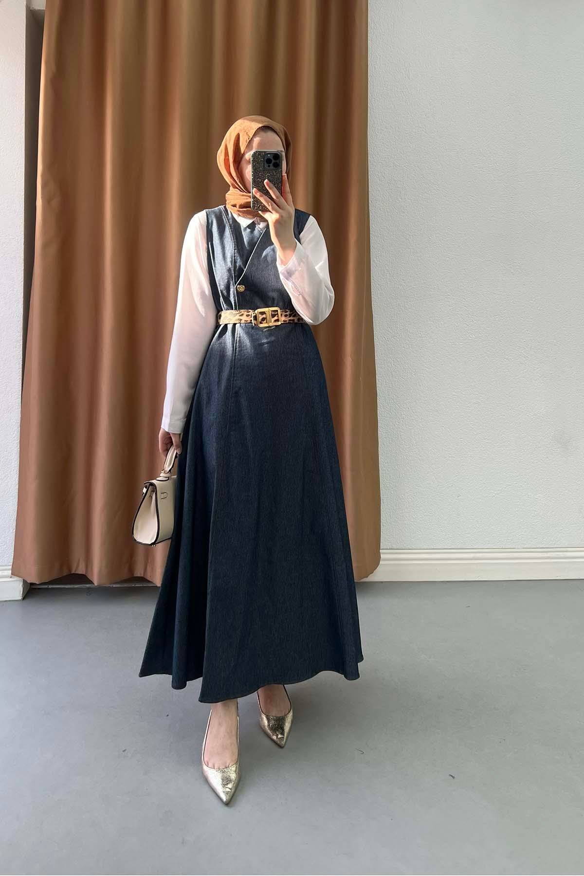 V Yaka Leopar Kemerli Modern Denim Jile Elbise Koyu Mavi