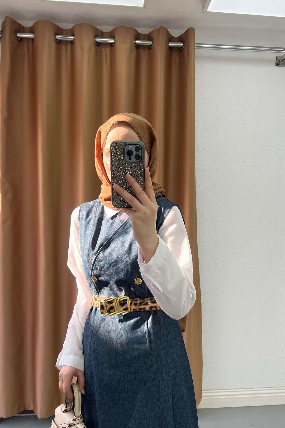 V Yaka Leopar Kemerli Modern Denim Jile Elbise Koyu Mavi