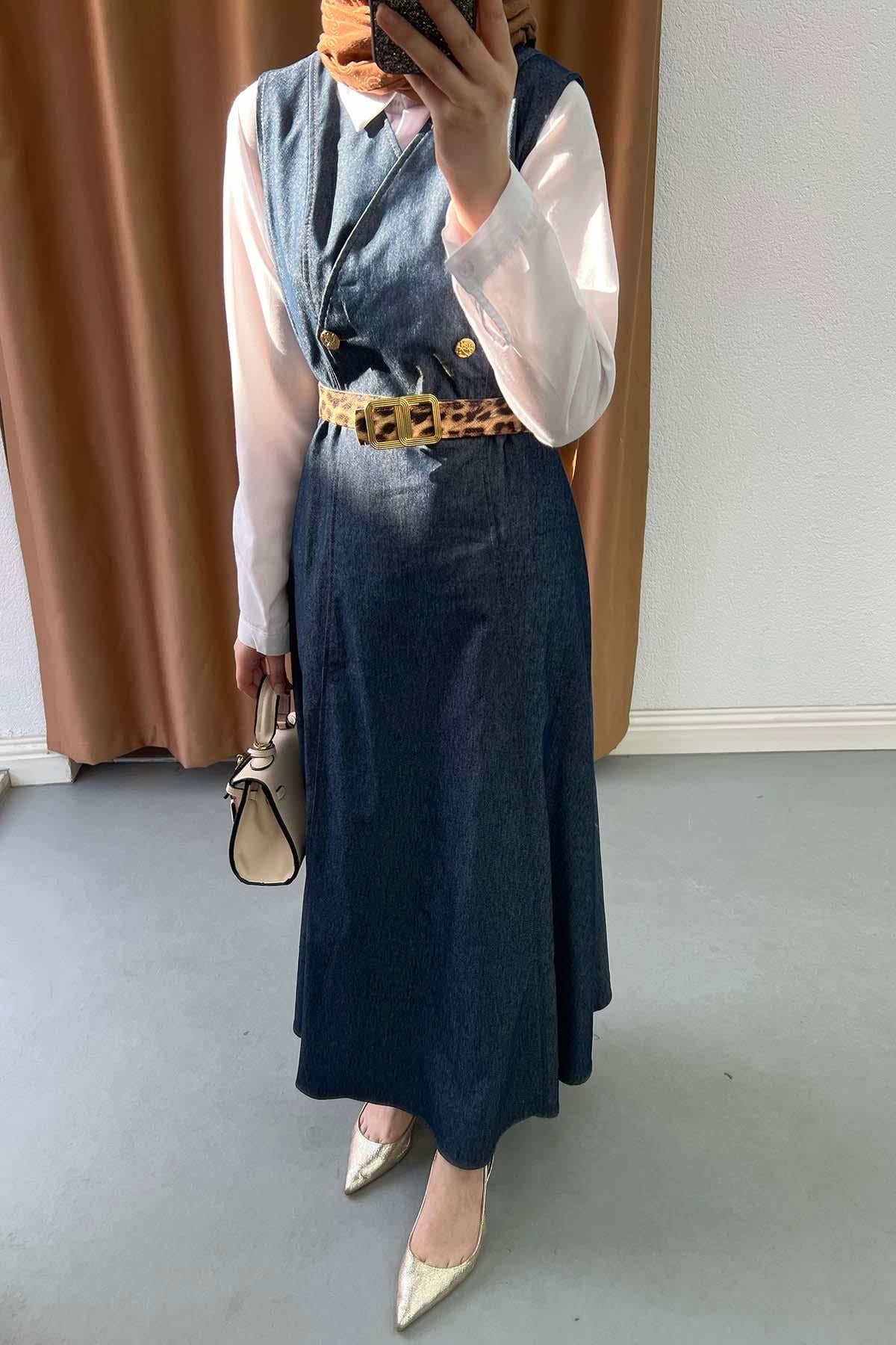 V Yaka Leopar Kemerli Modern Denim Jile Elbise Koyu Mavi