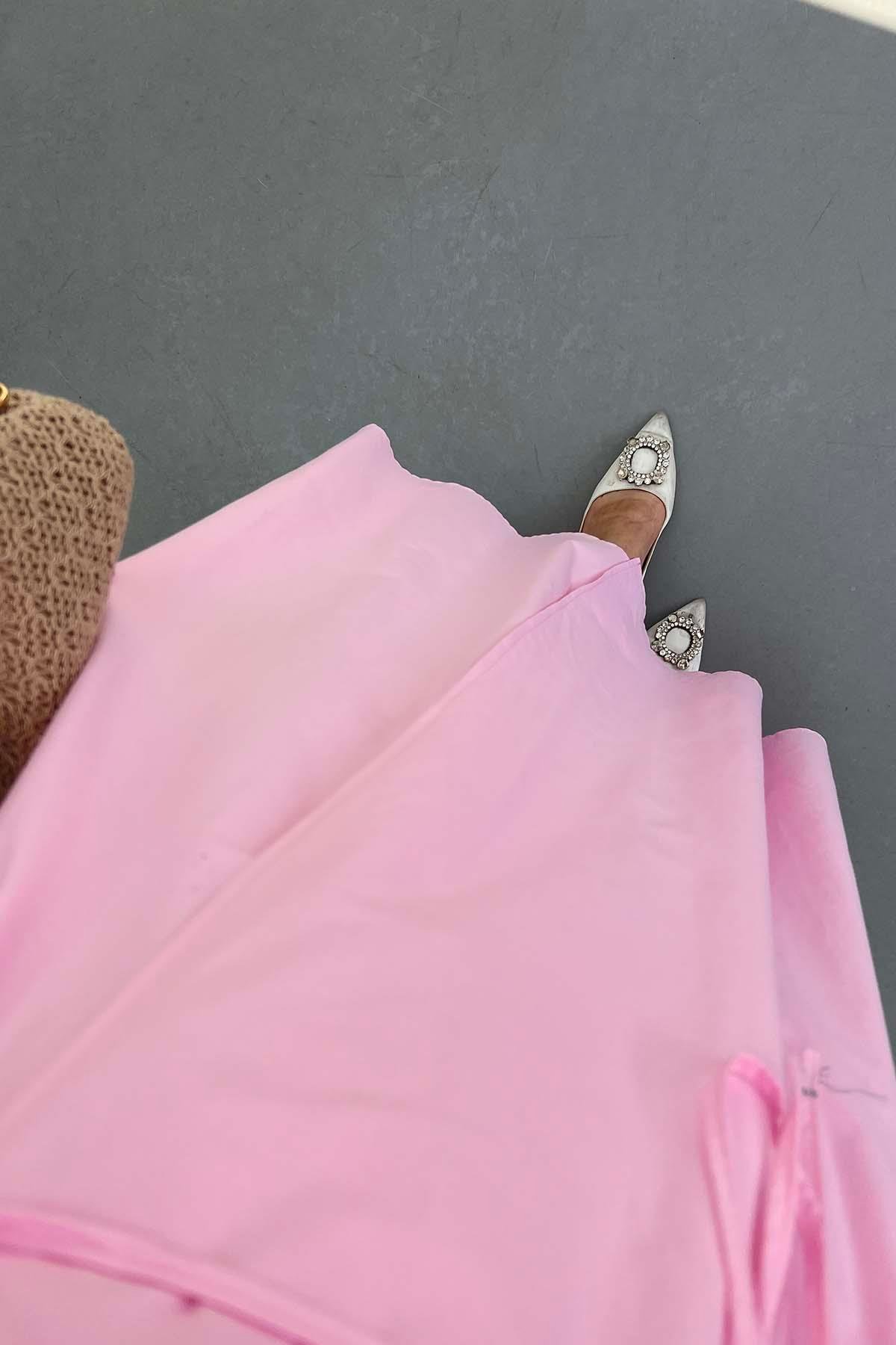 V Yaka Yandan Bağlamalı Elbise Pembe