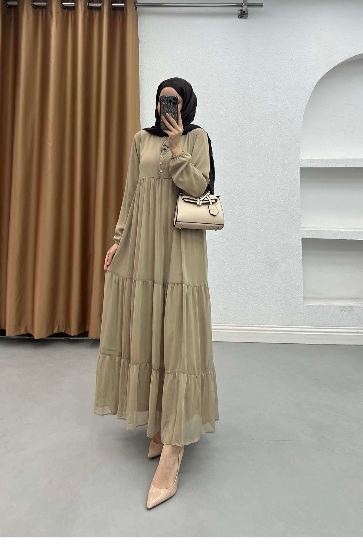 Victoria Katlı Astarlı Şifon Elbise Bej