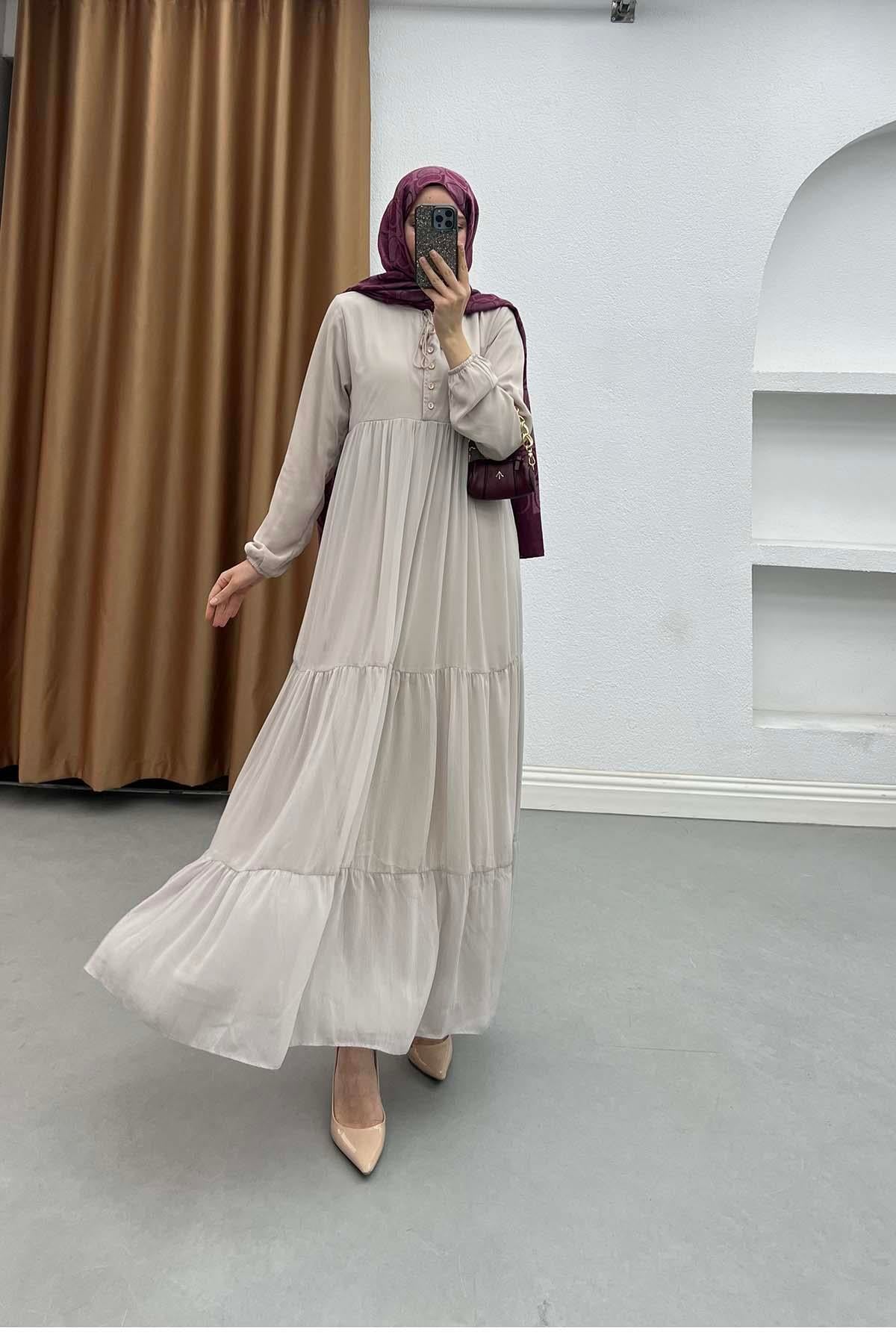 Victoria Katlı Astarlı Şifon Elbise Pudra