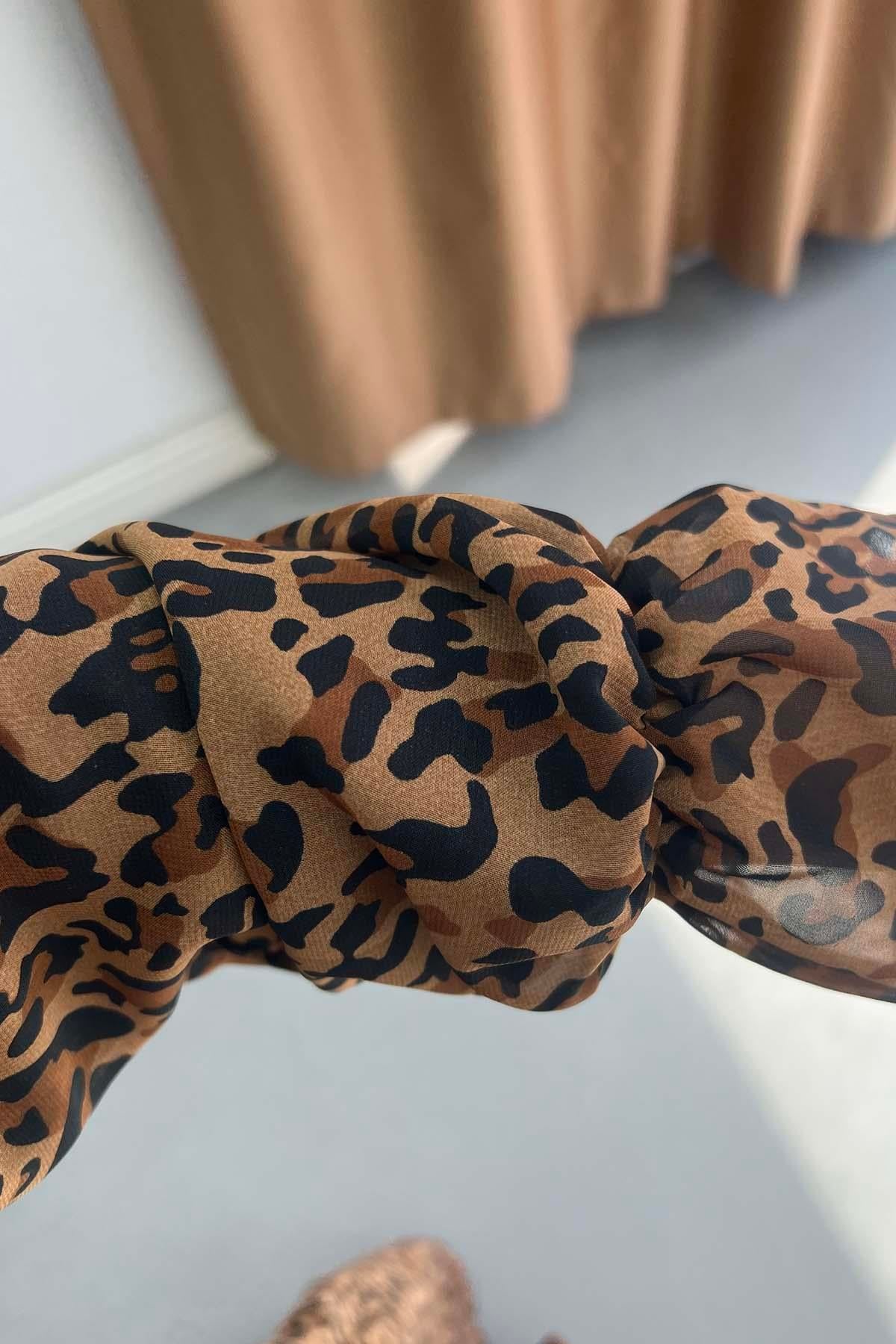 Victoria Katlı Leopar Desen Astarlı Şifon Elbise Leopar
