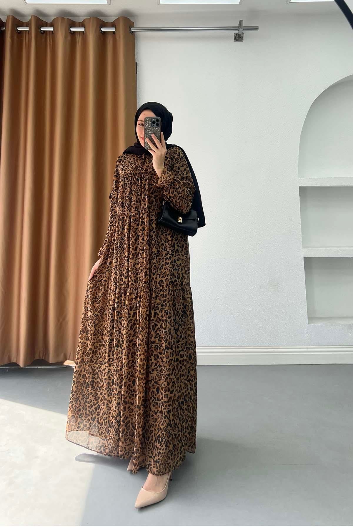 Victoria Katlı Leopar Desen Astarlı Şifon Elbise Leopar