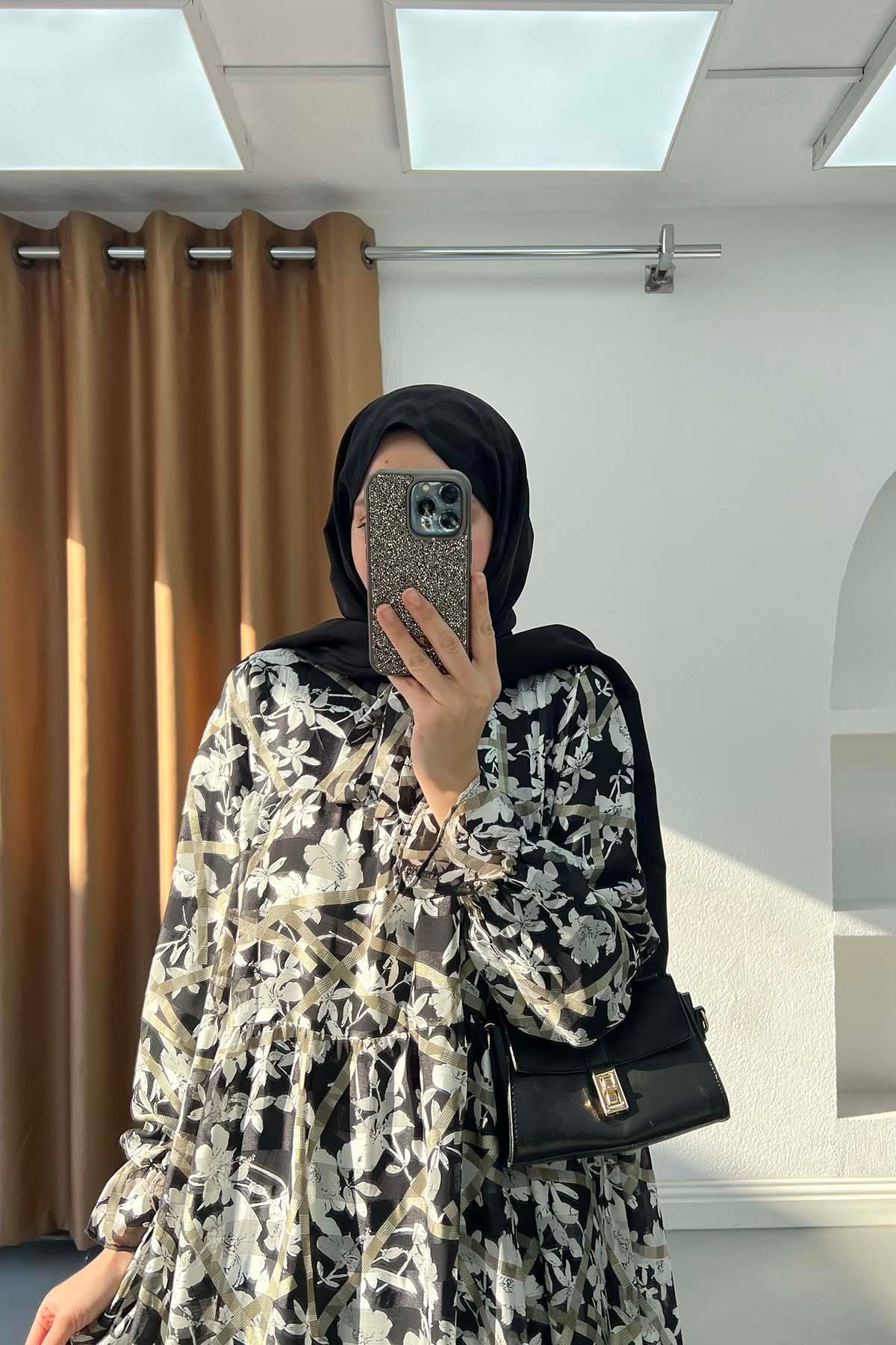Victoria Katlı Modern Çiçek Desenli Şifon Elbise Siyah-Haki