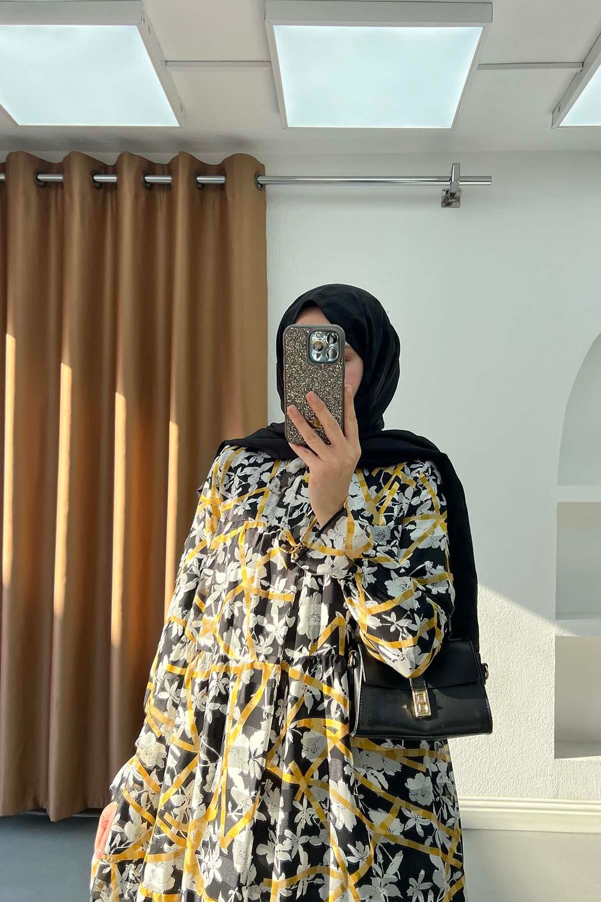 Victoria Katlı Modern Çiçek Desenli Şifon Elbise Siyah-Sarı