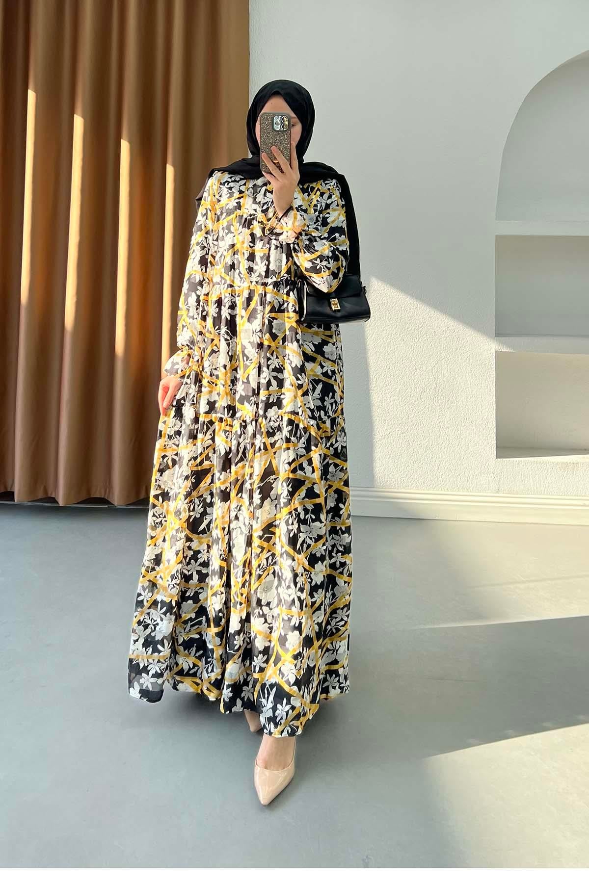 Victoria Katlı Modern Çiçek Desenli Şifon Elbise Siyah-Sarı