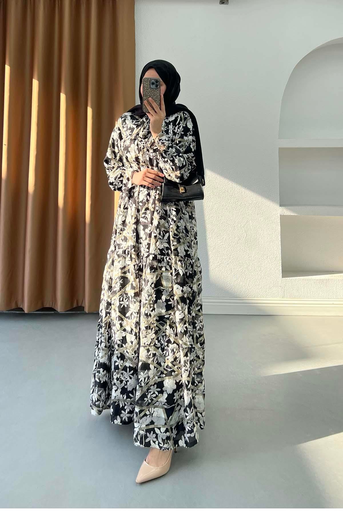 Victoria Katlı Modern Çiçek Desenli Şifon Elbise Siyah-Haki