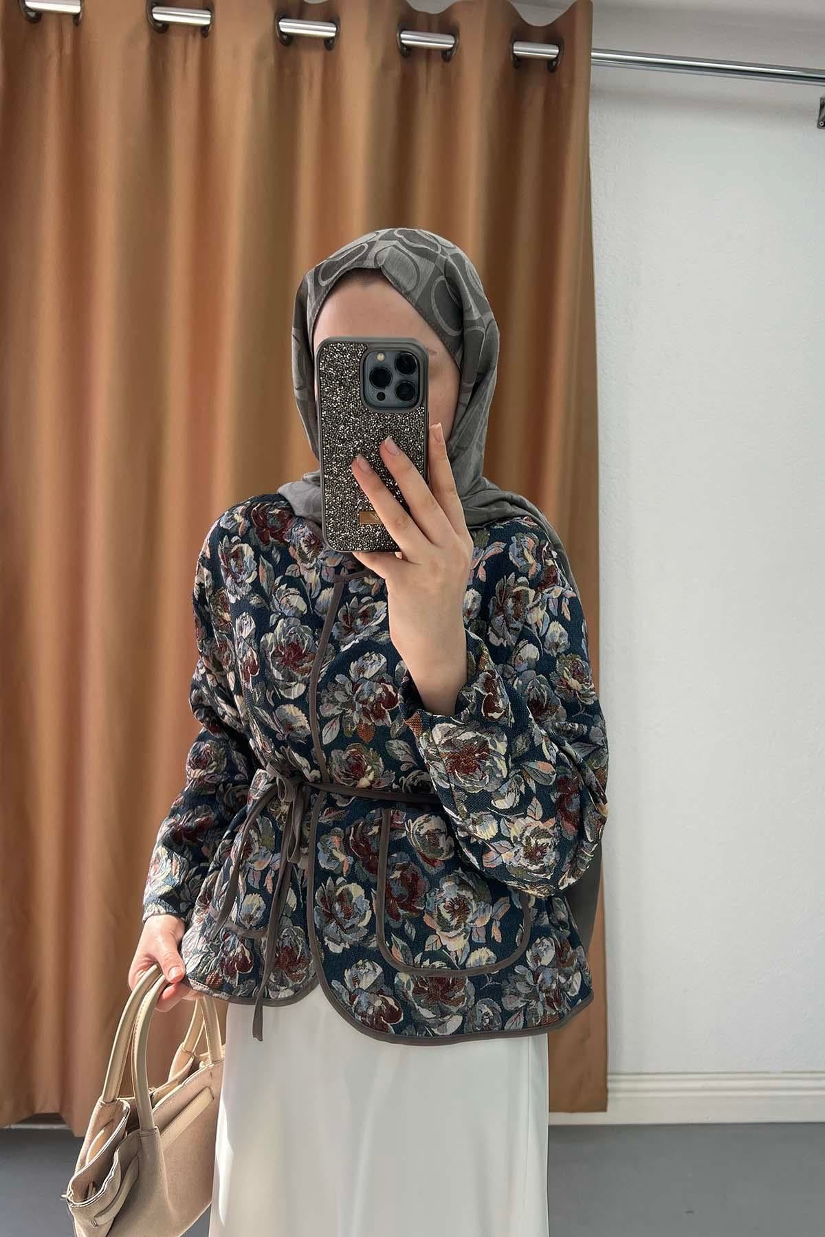 Vintage Çiçekli Jakar Dokulu Modern Ceket Mavi