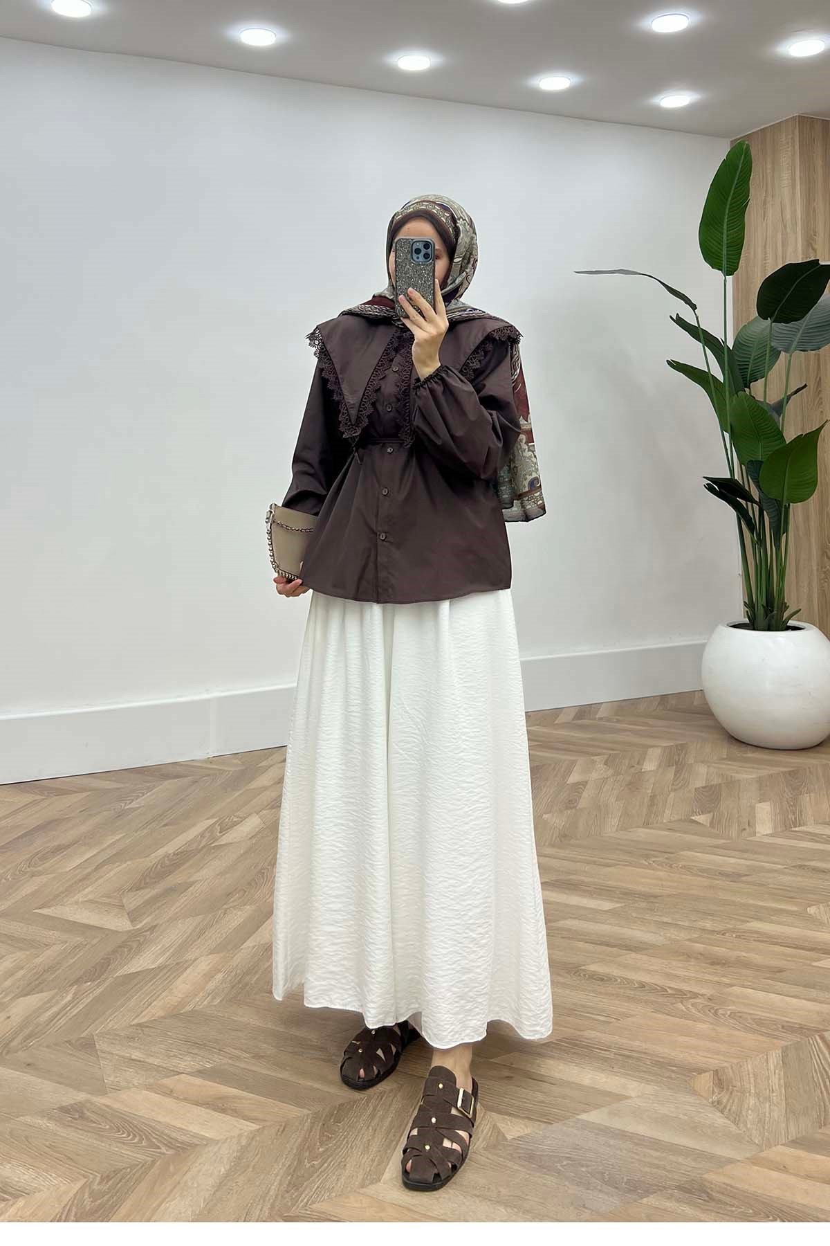 Vintage Dantel Yakalı Gömlek Kahve