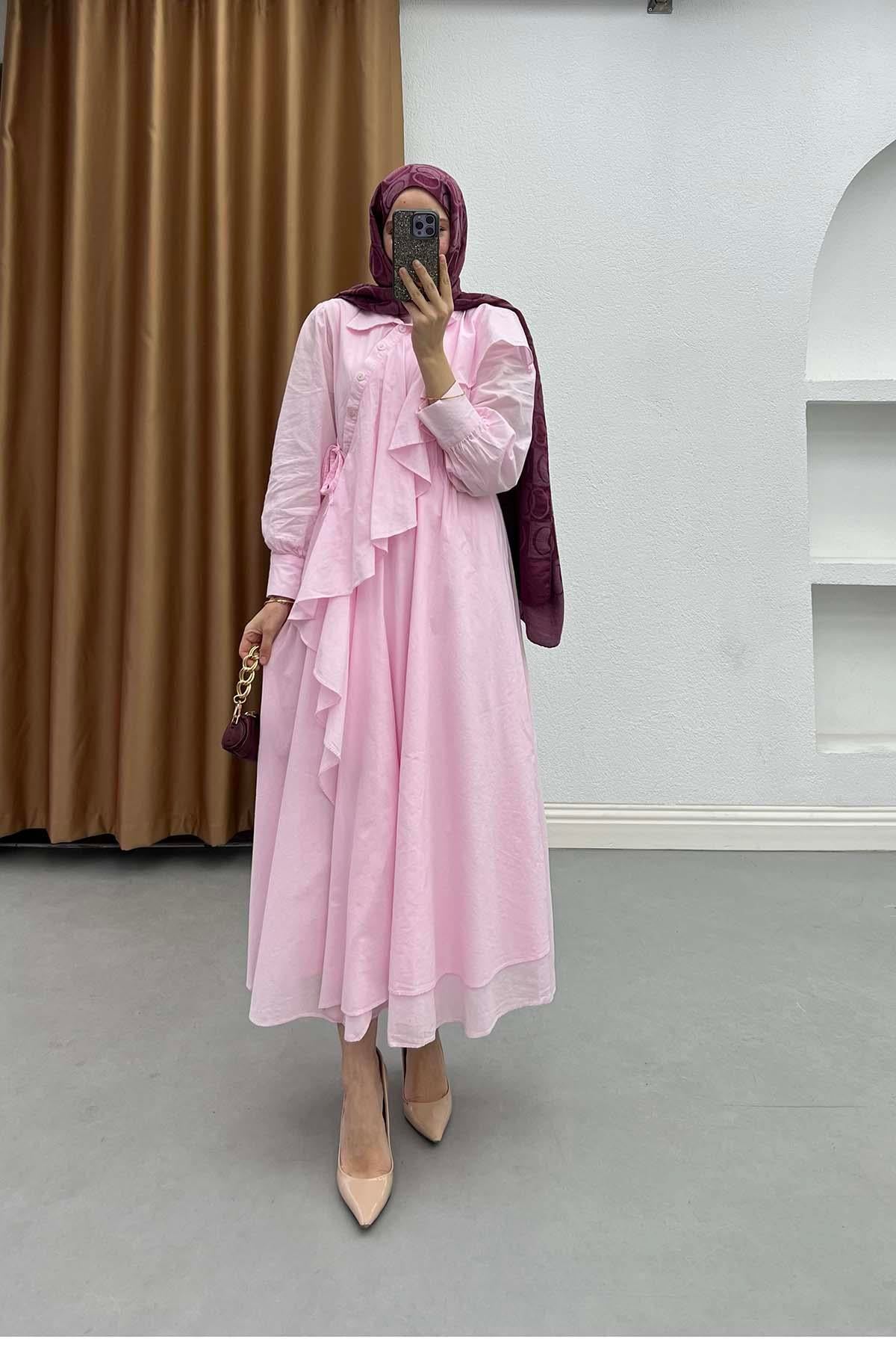 Volan Akışlı İçlikli Aura Elbise Pembe