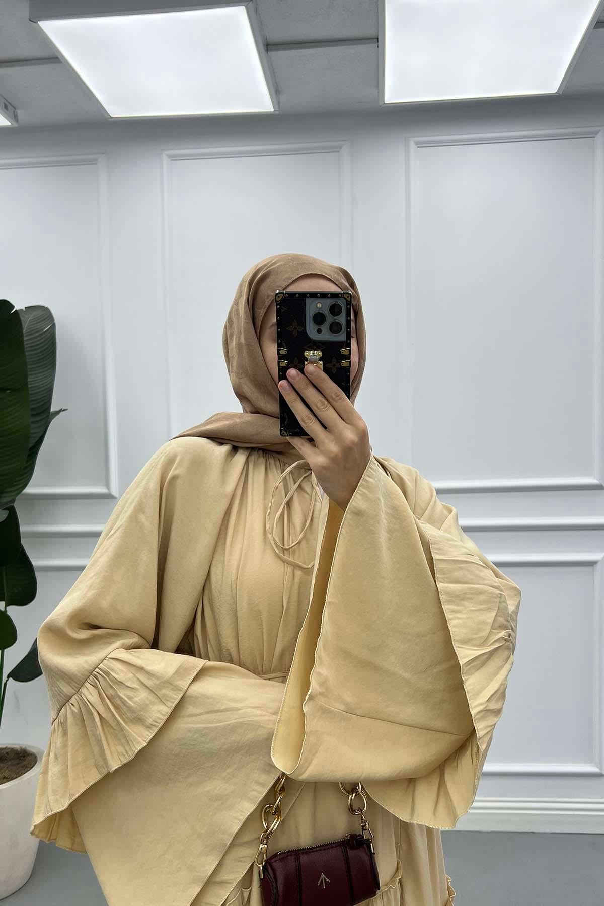 Volanlı Astarlı Elbise Camel