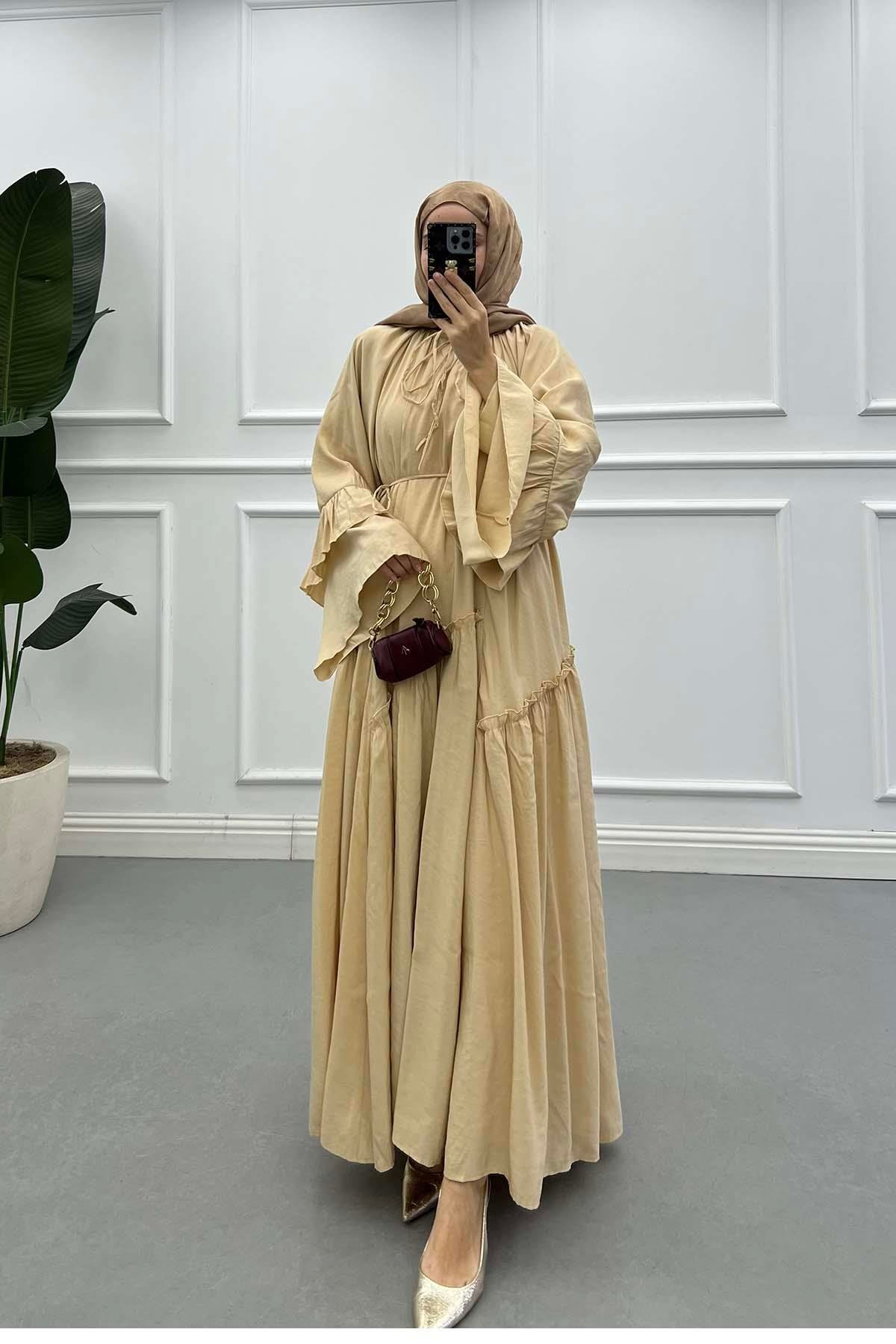 Volanlı Astarlı Elbise Camel