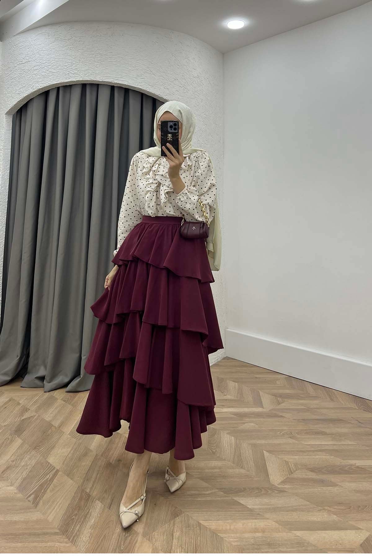 Volanlı Modern Etek Bordo