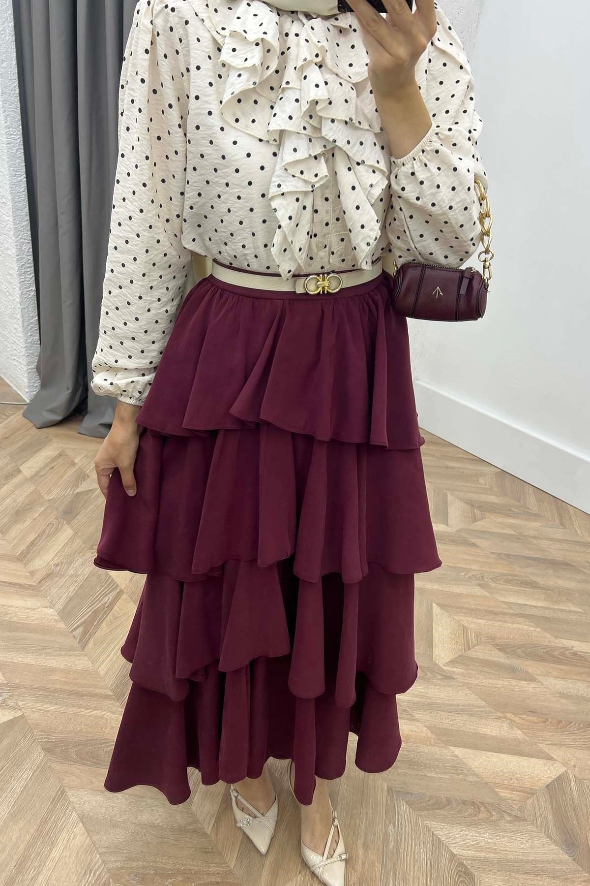 Volanlı Modern Etek Bordo