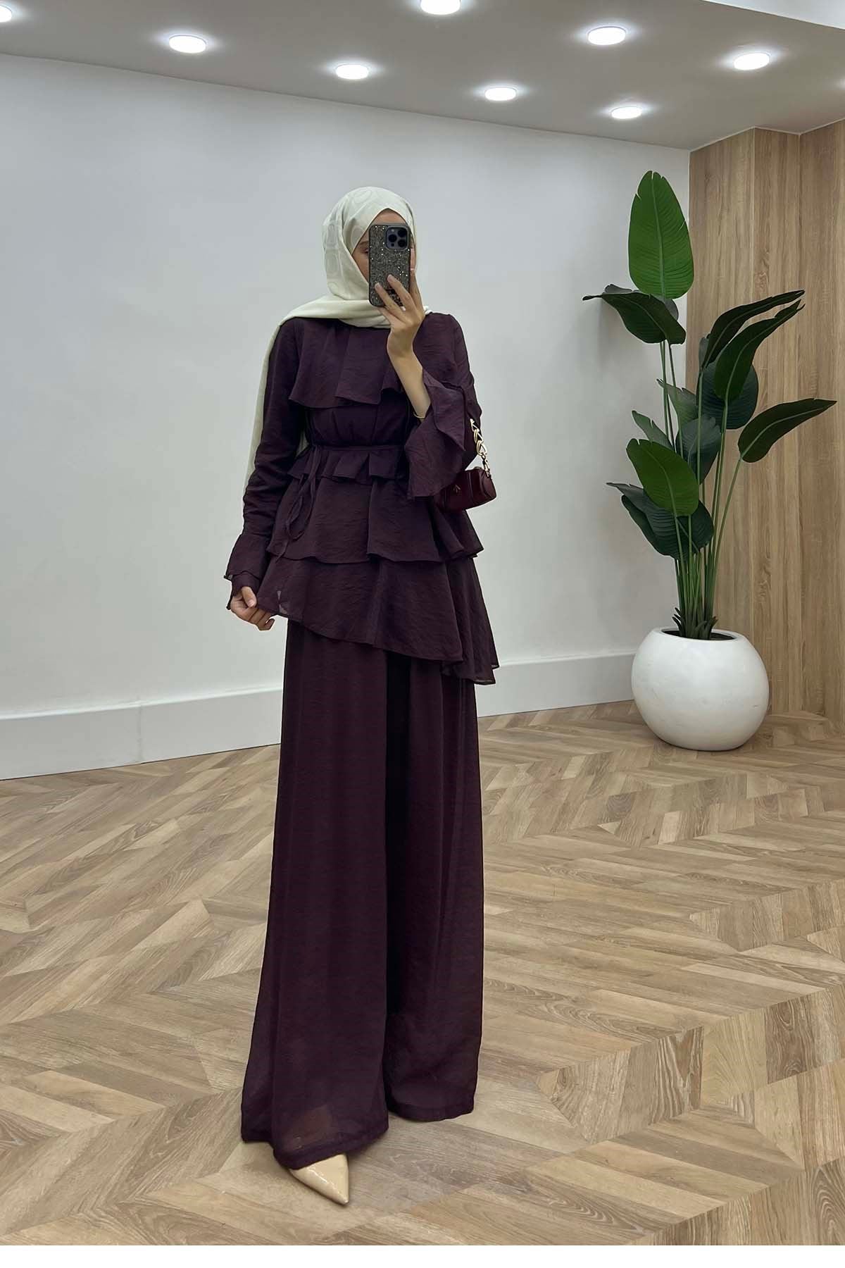 Volanlı Modern Kuşaklı Takım Mürdüm