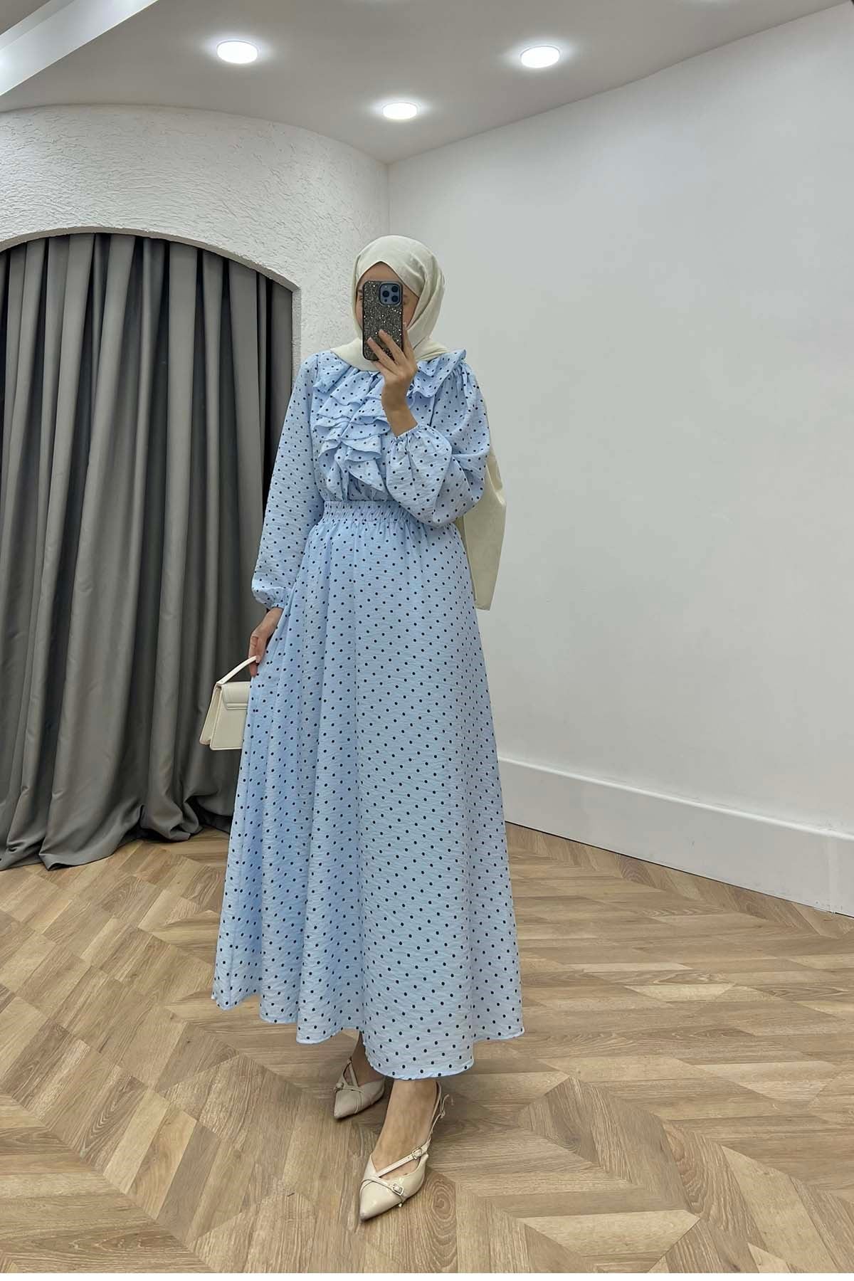 Volanlı Puantiyeli Modal Kumaş Retro Takım Bebe Mavi