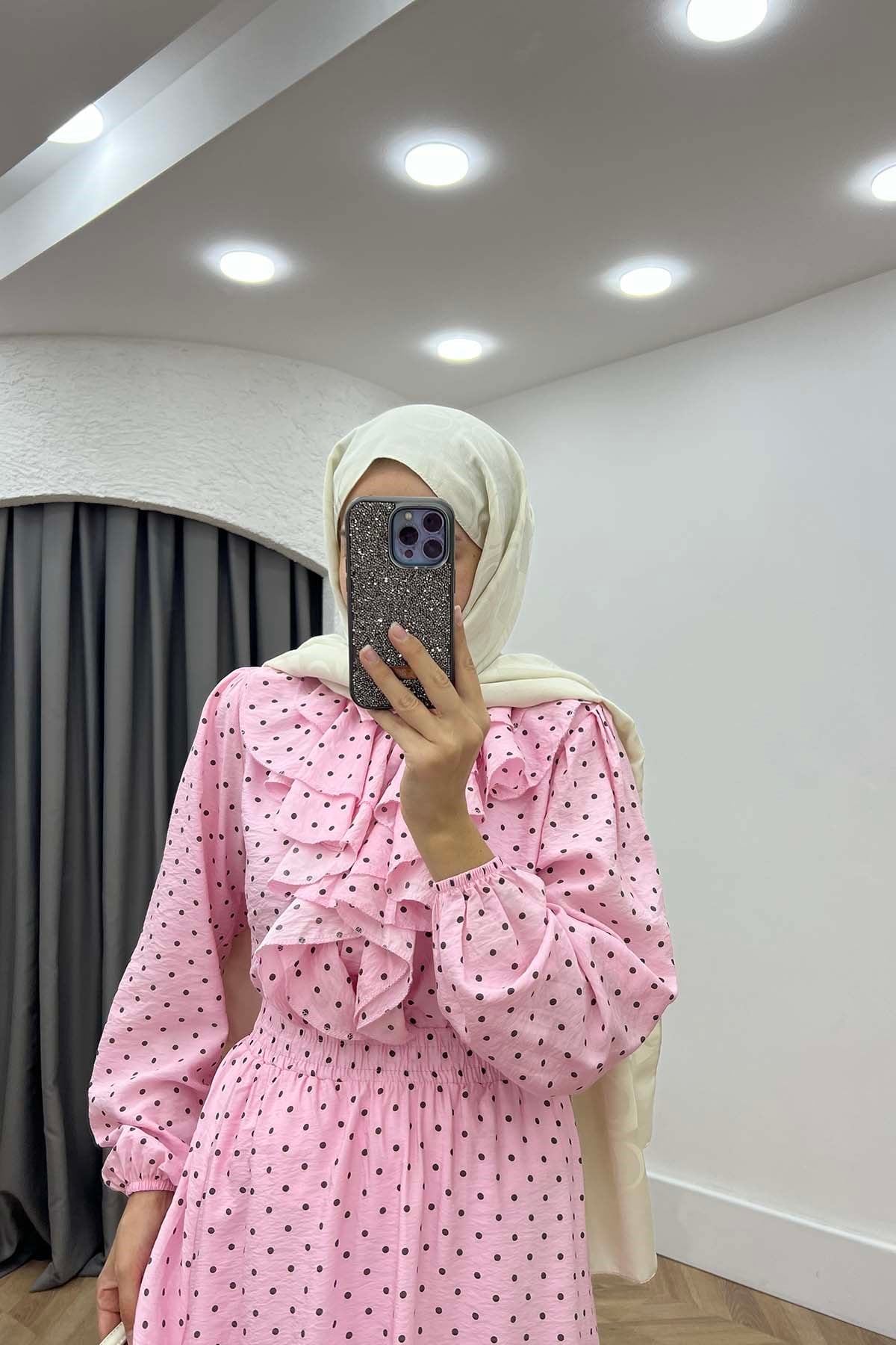 Volanlı Puantiyeli Modal Kumaş Retro Takım Pembe