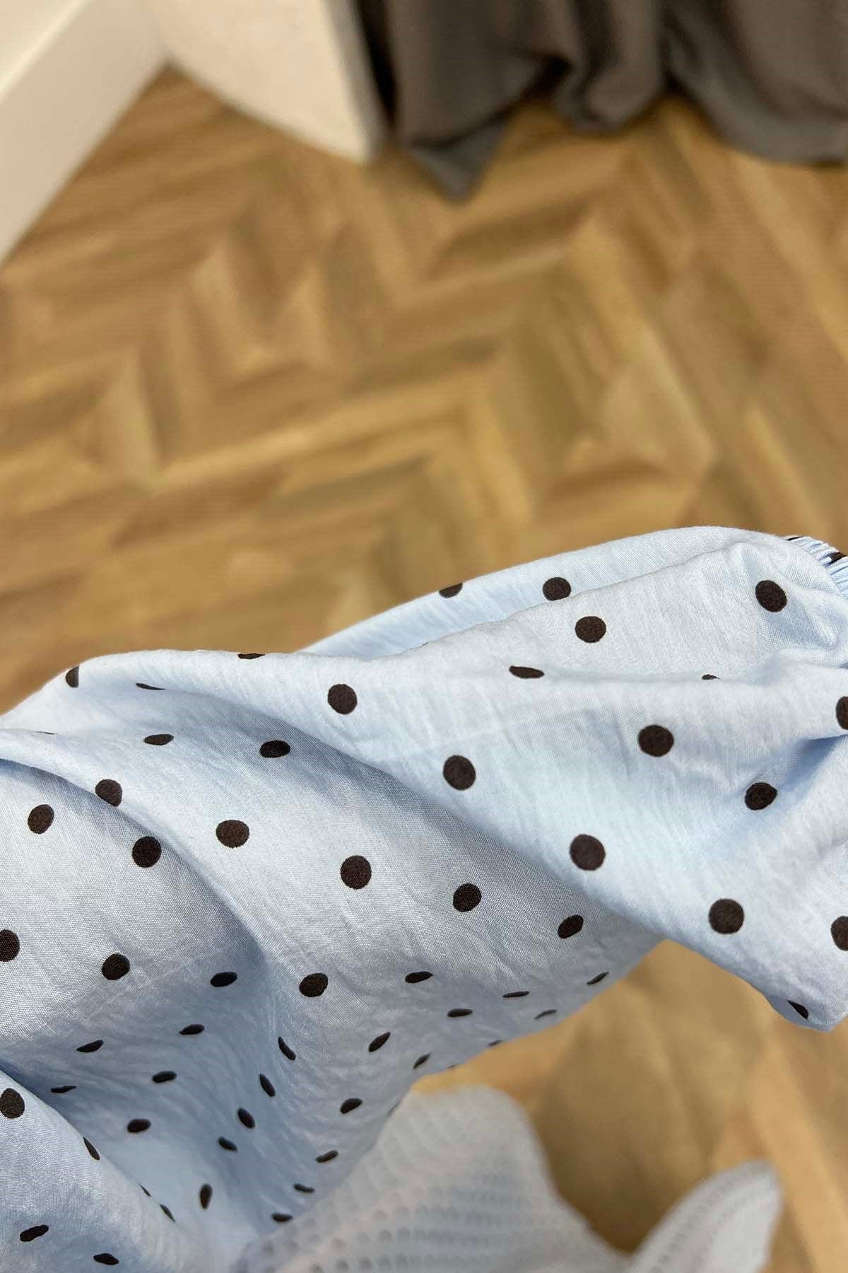 Volanlı Puantiyeli Modal Kumaş Retro Takım Bebe Mavi