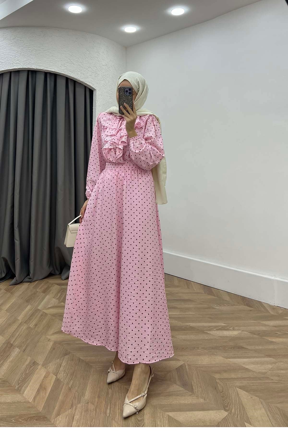 Volanlı Puantiyeli Modal Kumaş Retro Takım Pembe
