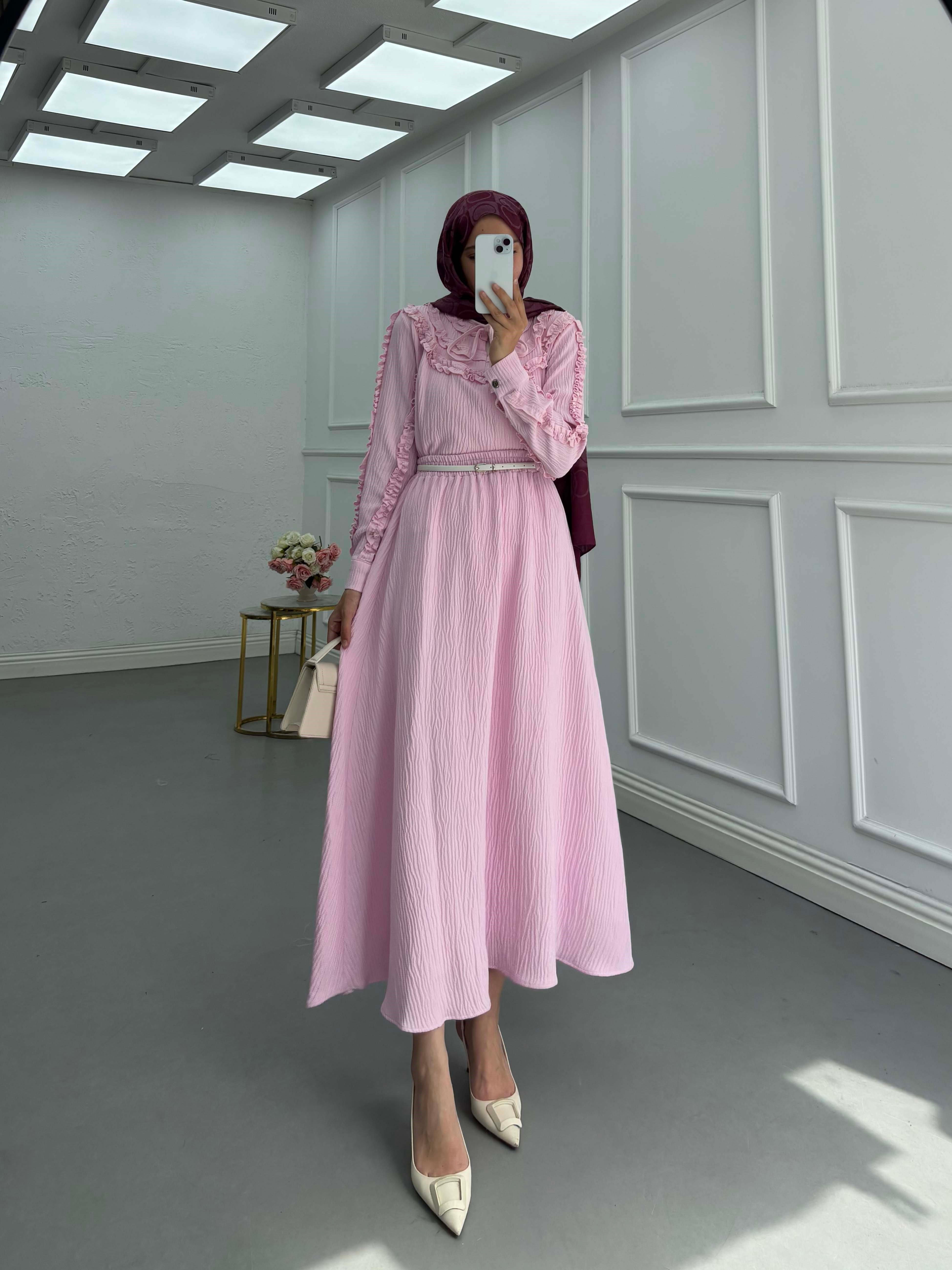 Volanlı Yaka Bağlamalı Takım Pembe