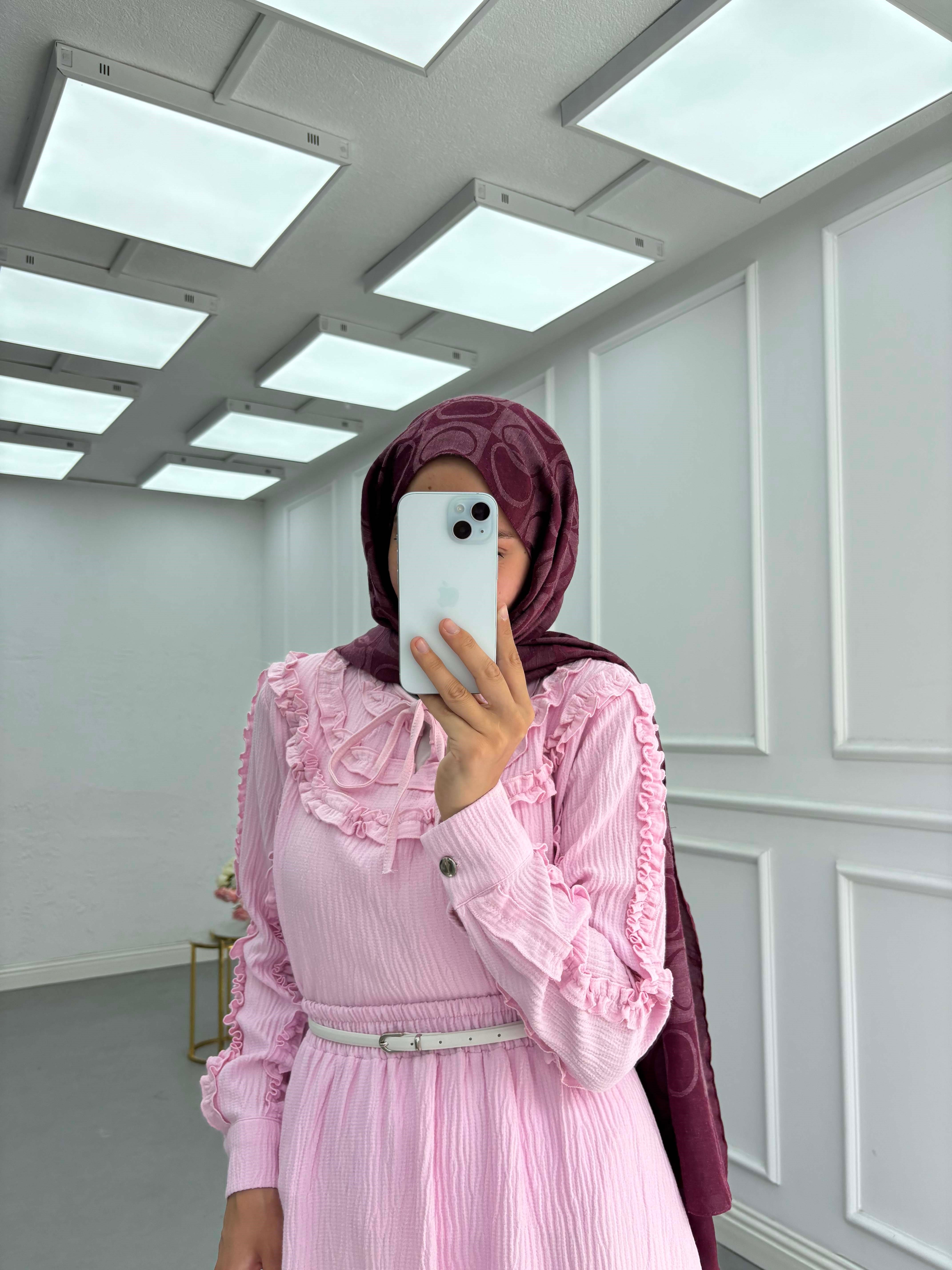 Volanlı Yaka Bağlamalı Takım Pembe