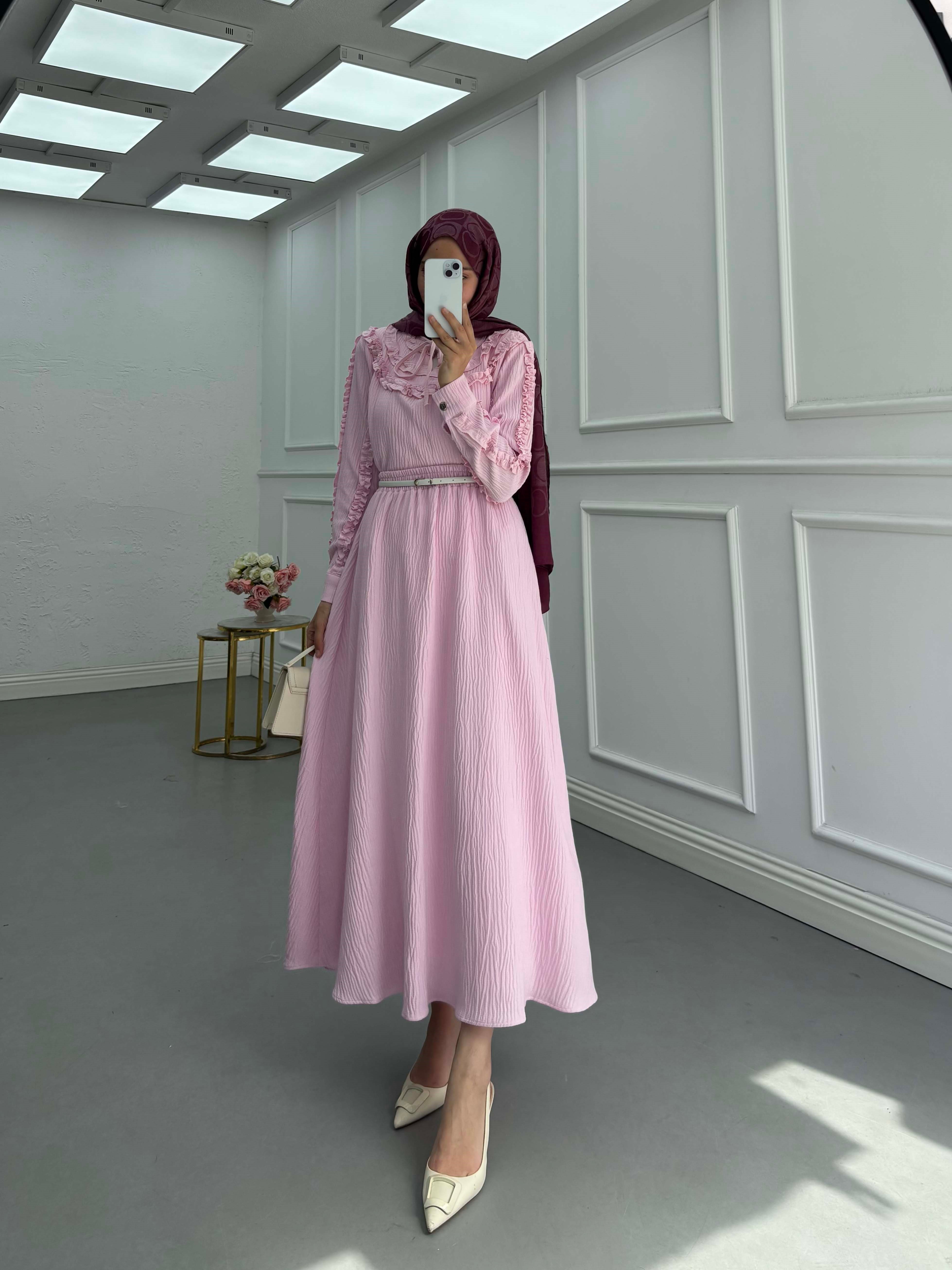 Volanlı Yaka Bağlamalı Takım Pembe