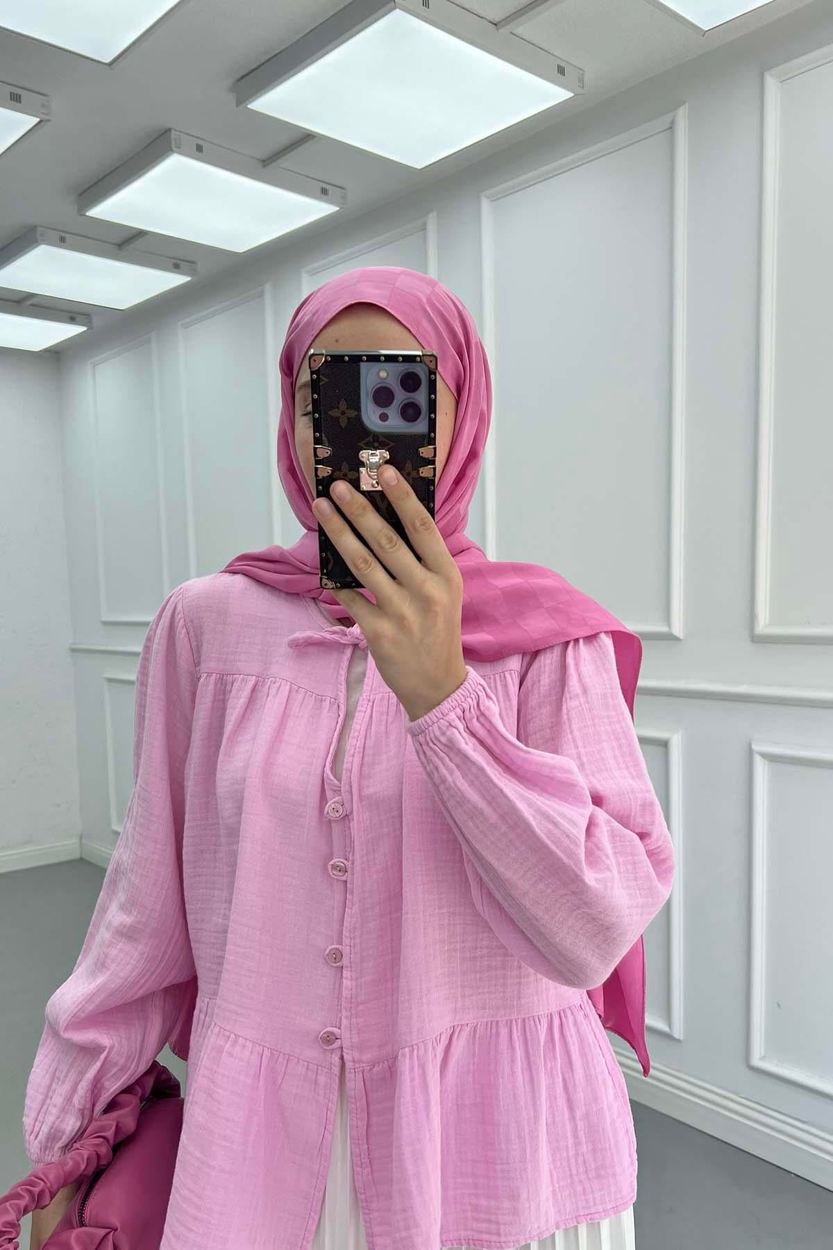 Yaka Bağlamalı Müslin Gömlek Pembe