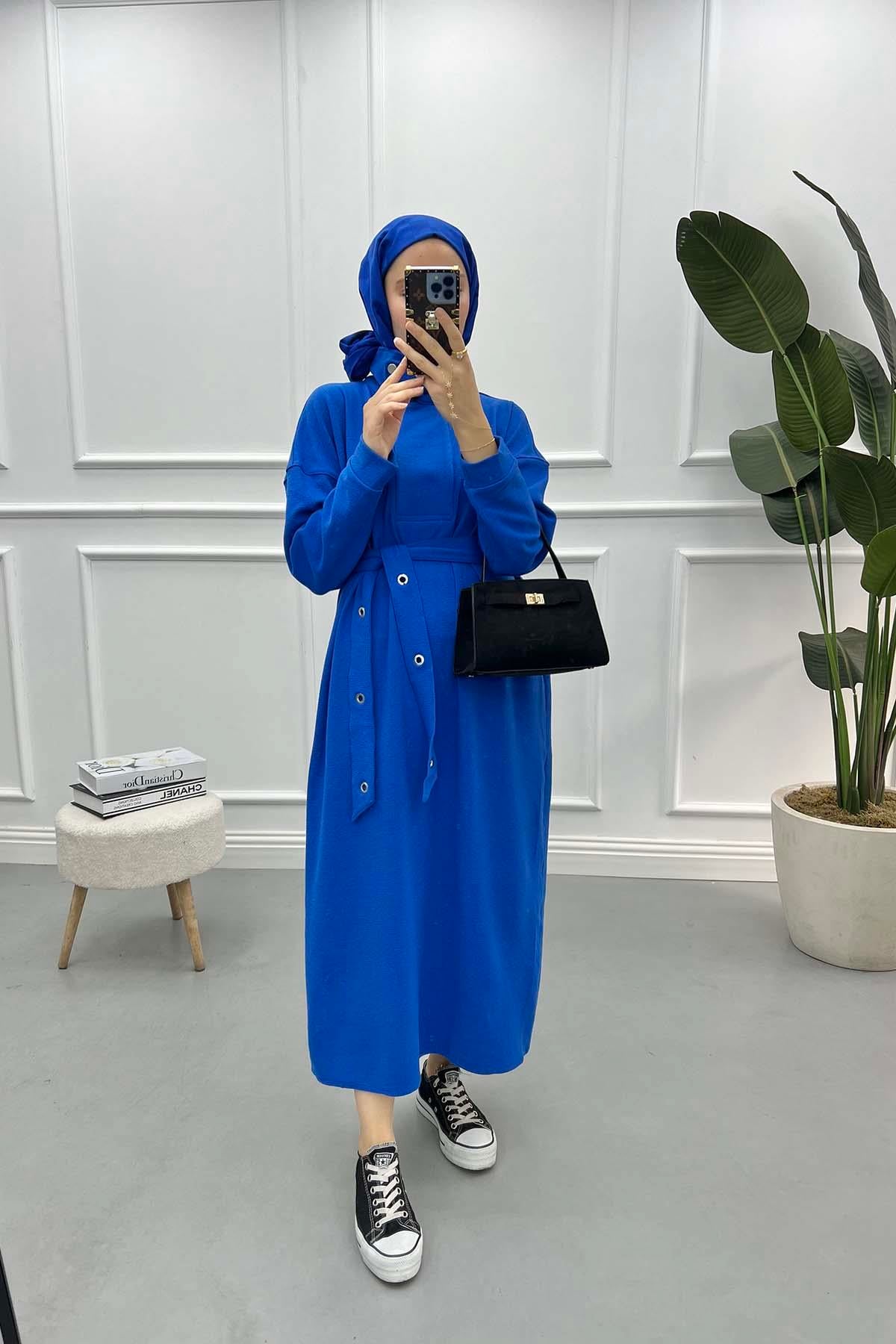 Yaka Çıtçıtlı Kemerli Elbise Saks Mavi