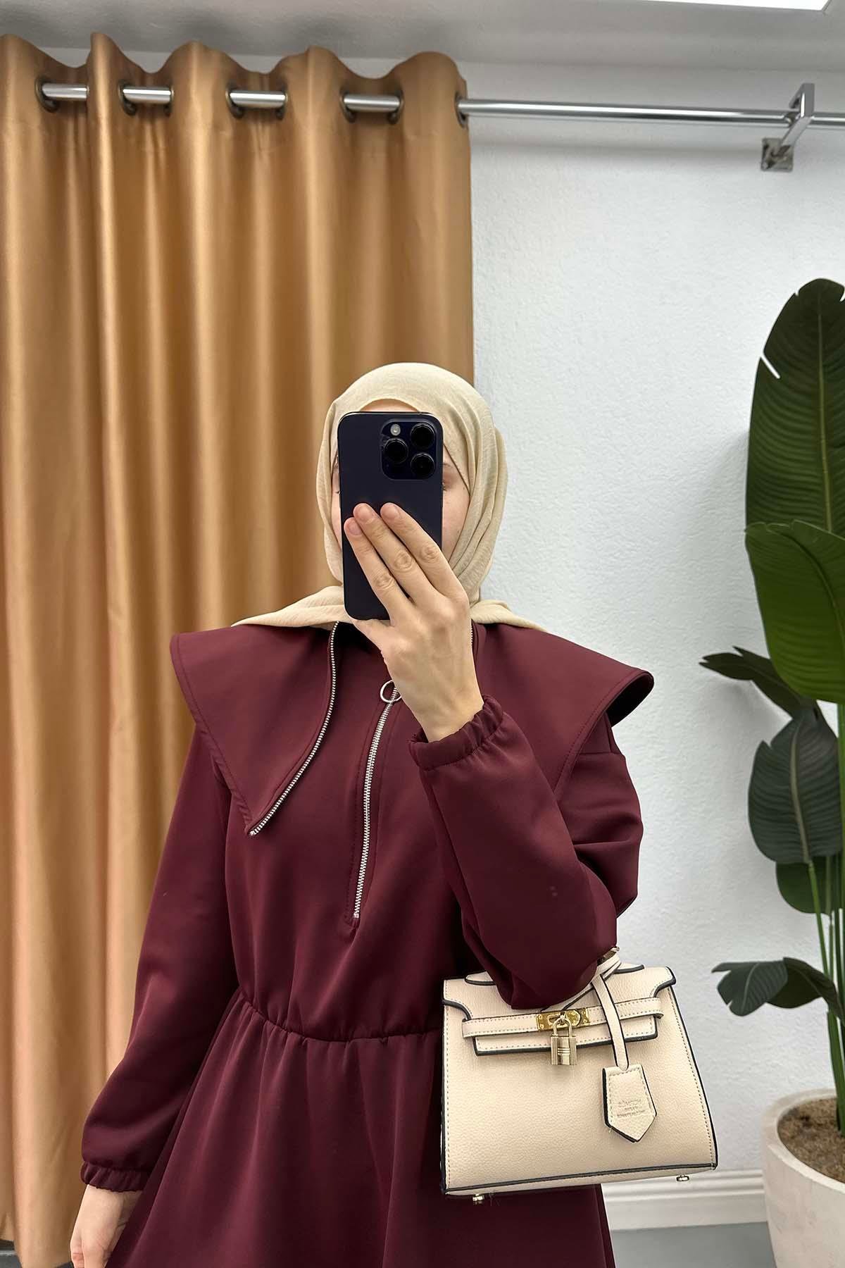 Yaka Detaylı Beli Lastikli Scuba Elbise Bordo