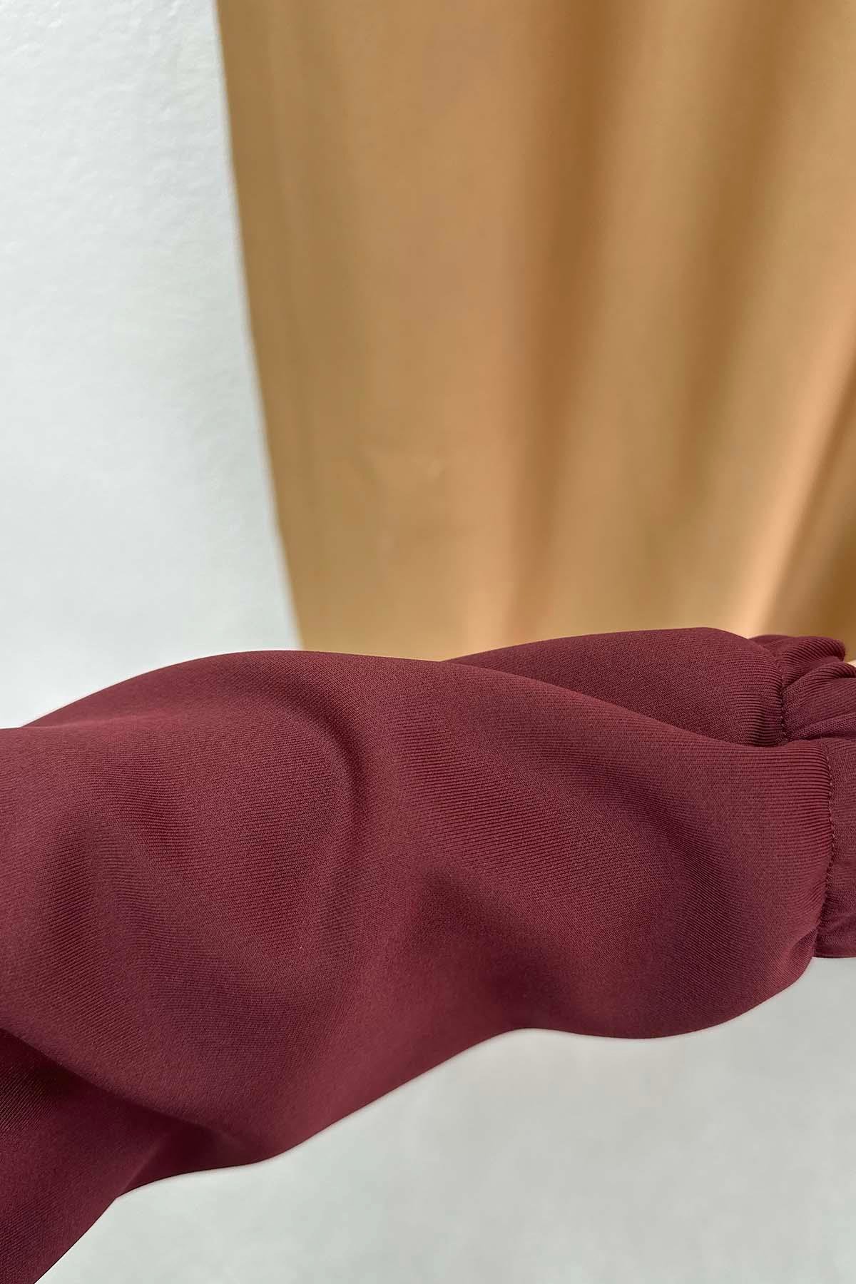 Yaka Detaylı Beli Lastikli Scuba Elbise Bordo