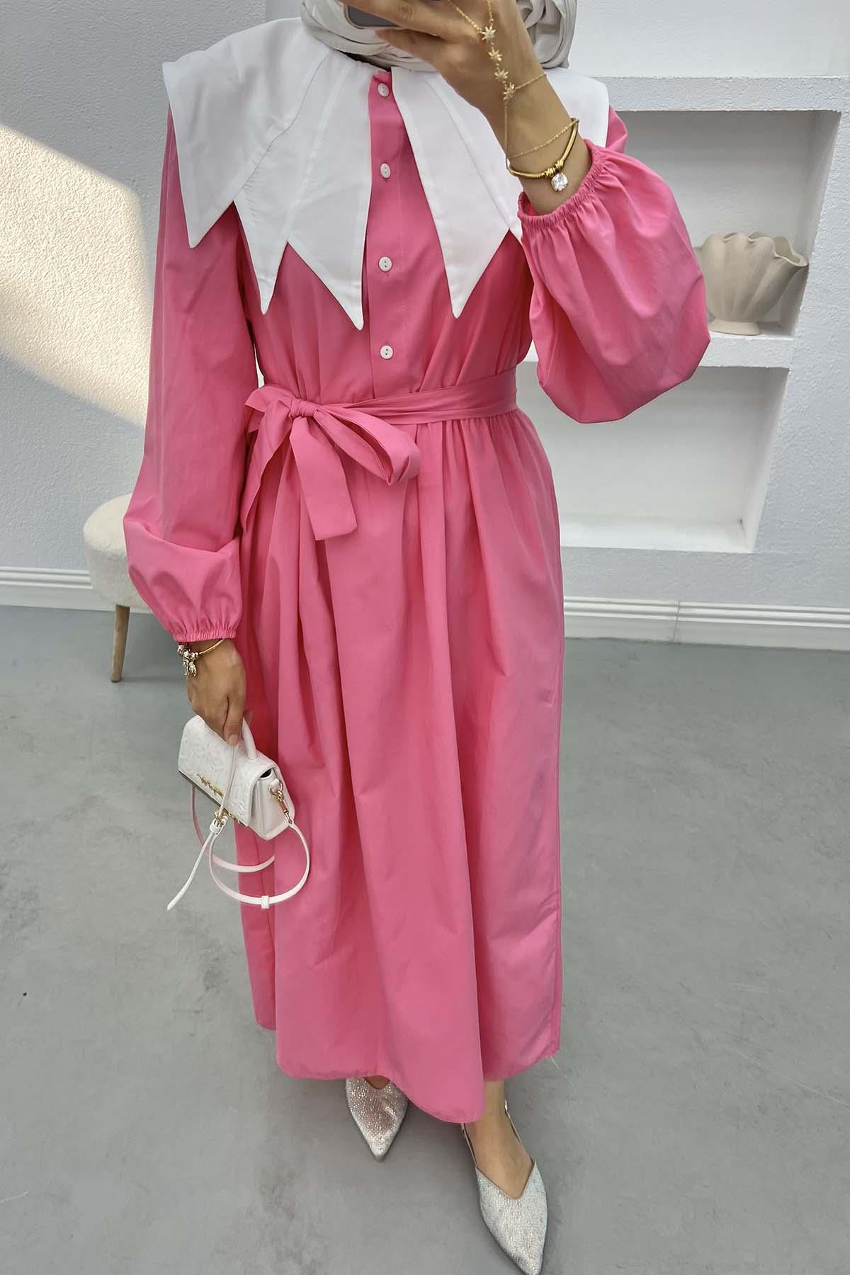 Yaka Detaylı Elbise Pembe