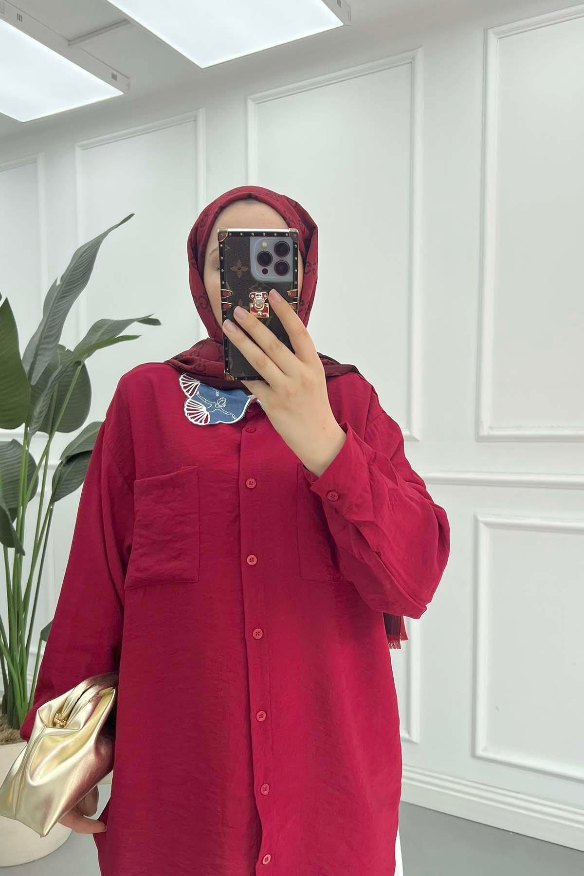Yaka Detaylı Gömlek Bordo