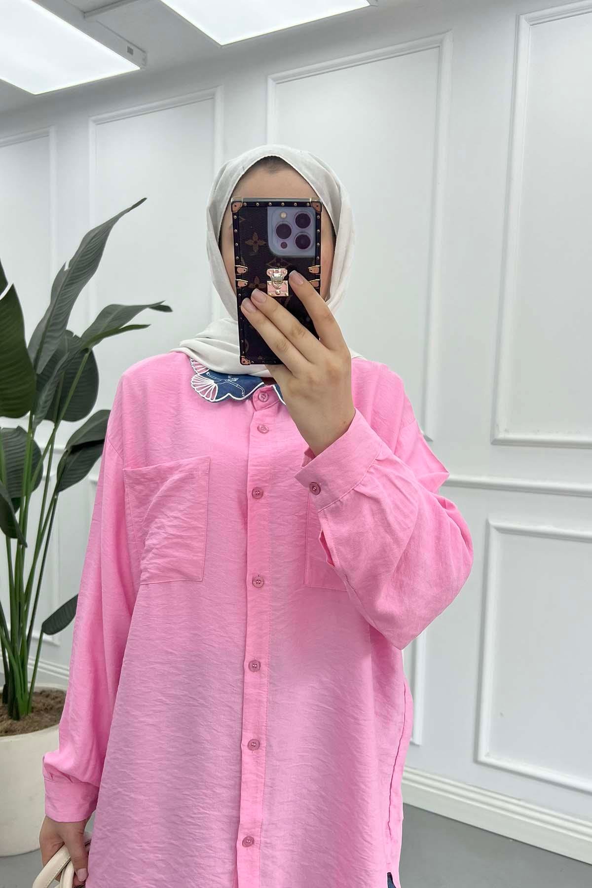 Yaka Detaylı Gömlek Pembe