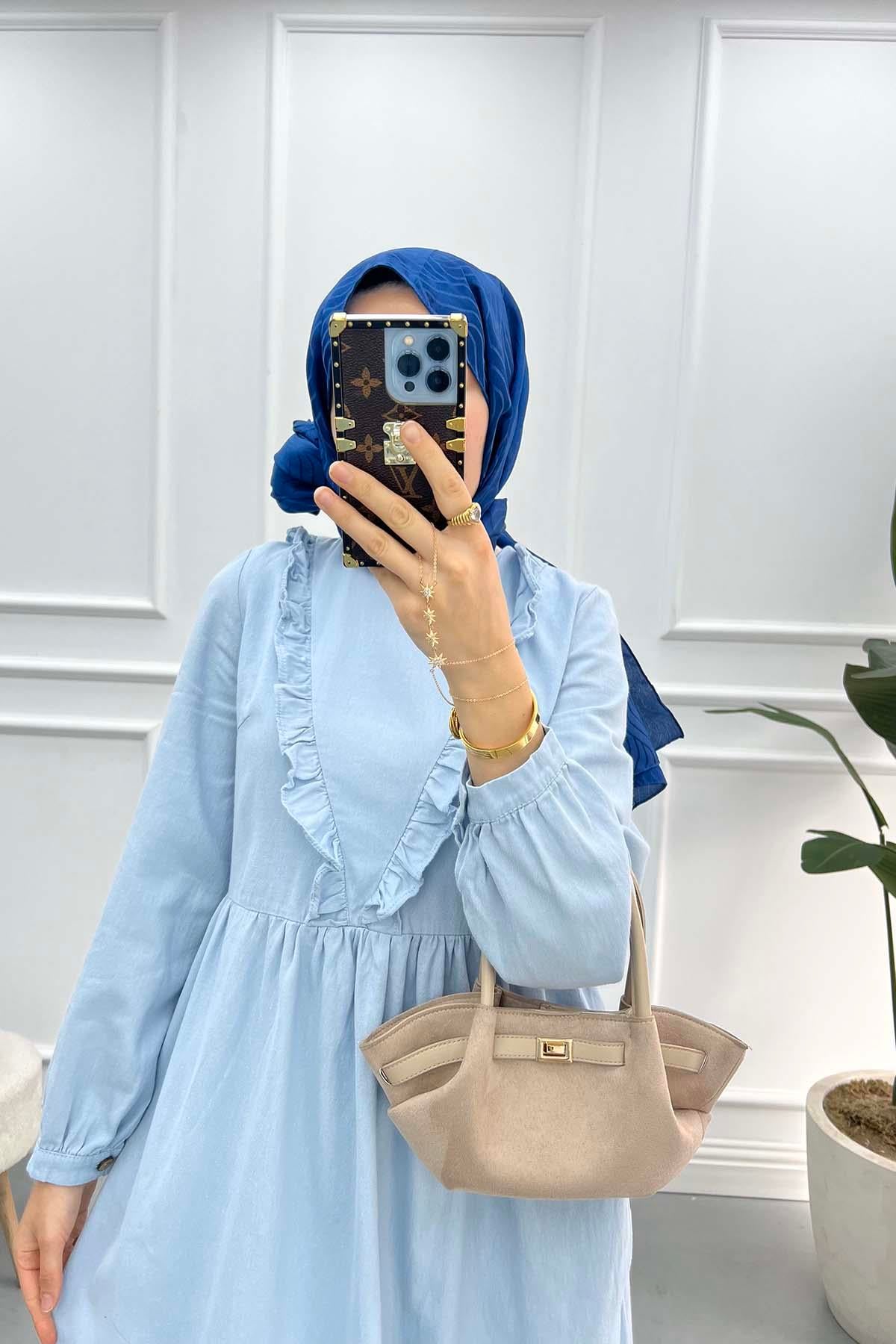 Yaka Detaylı Kot Elbise Bebe Mavi