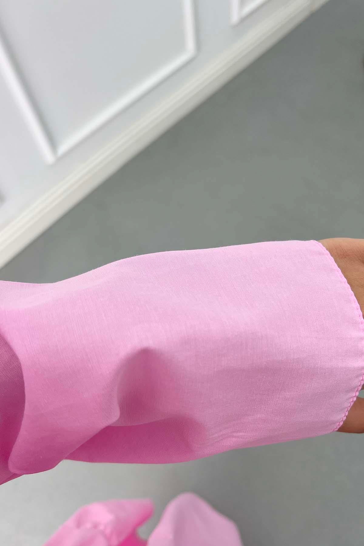 Yaka Detaylı Kuşaklı Elbise Pembe