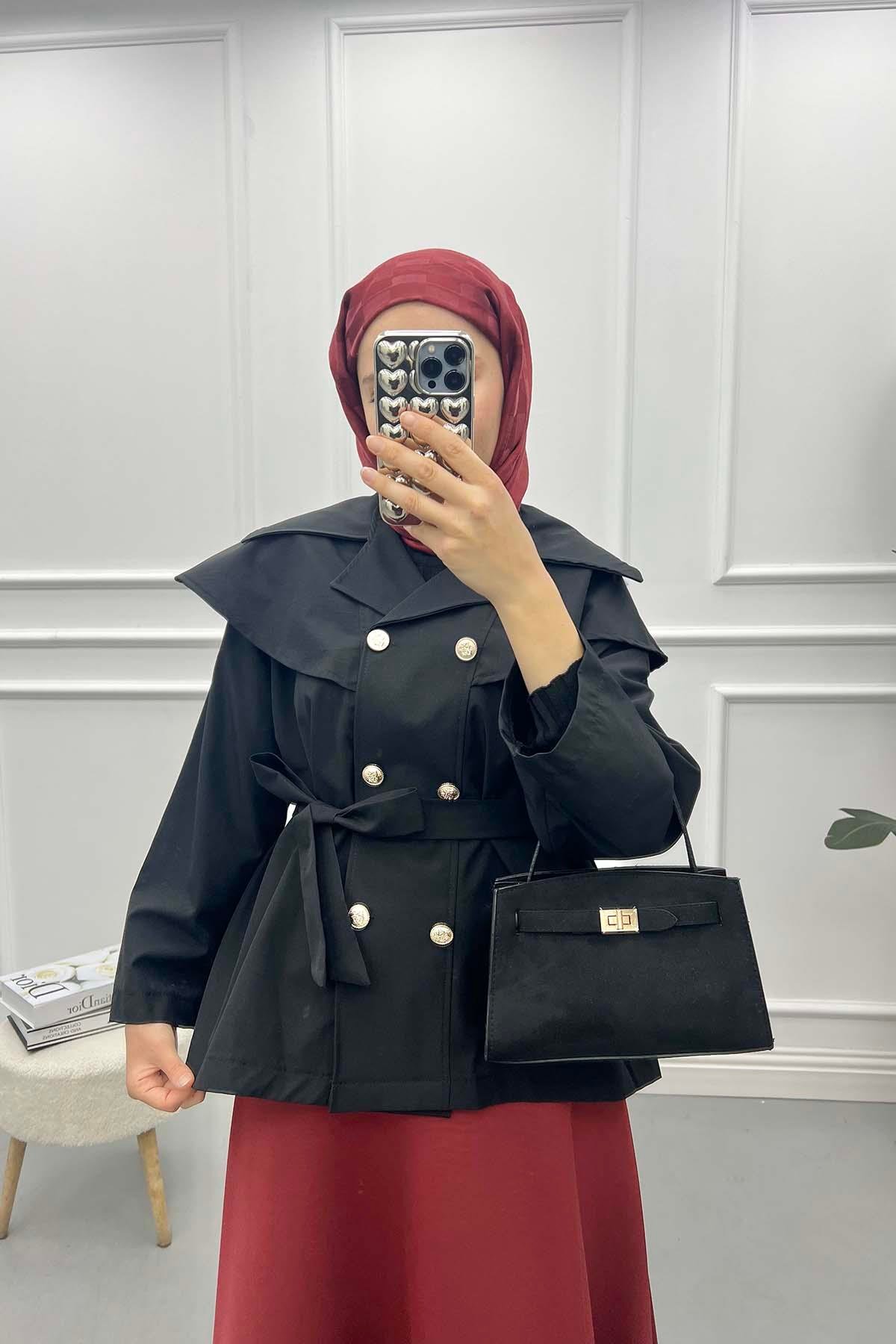 Yaka Detaylı Trençkot Siyah