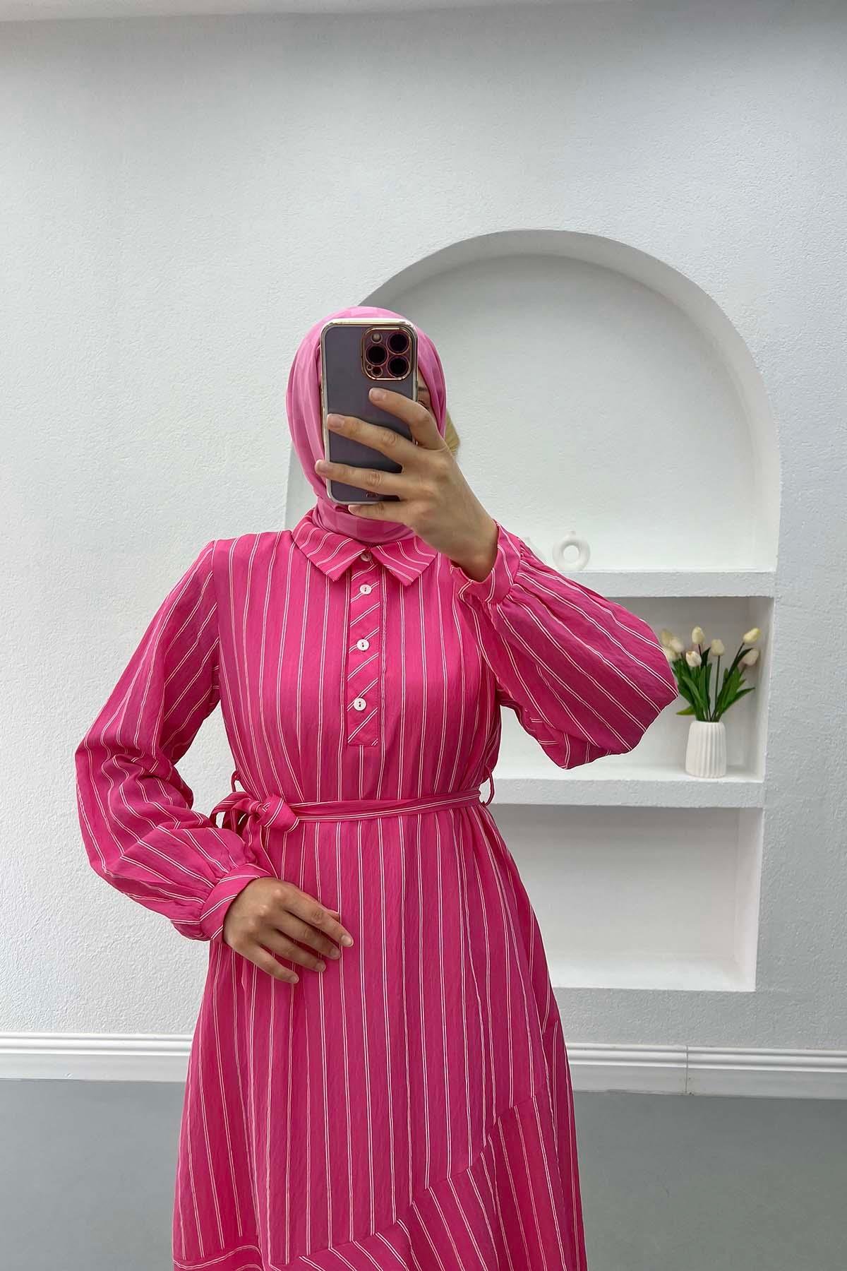 Yaka Düğmeli Çizgili Elbise Pembe