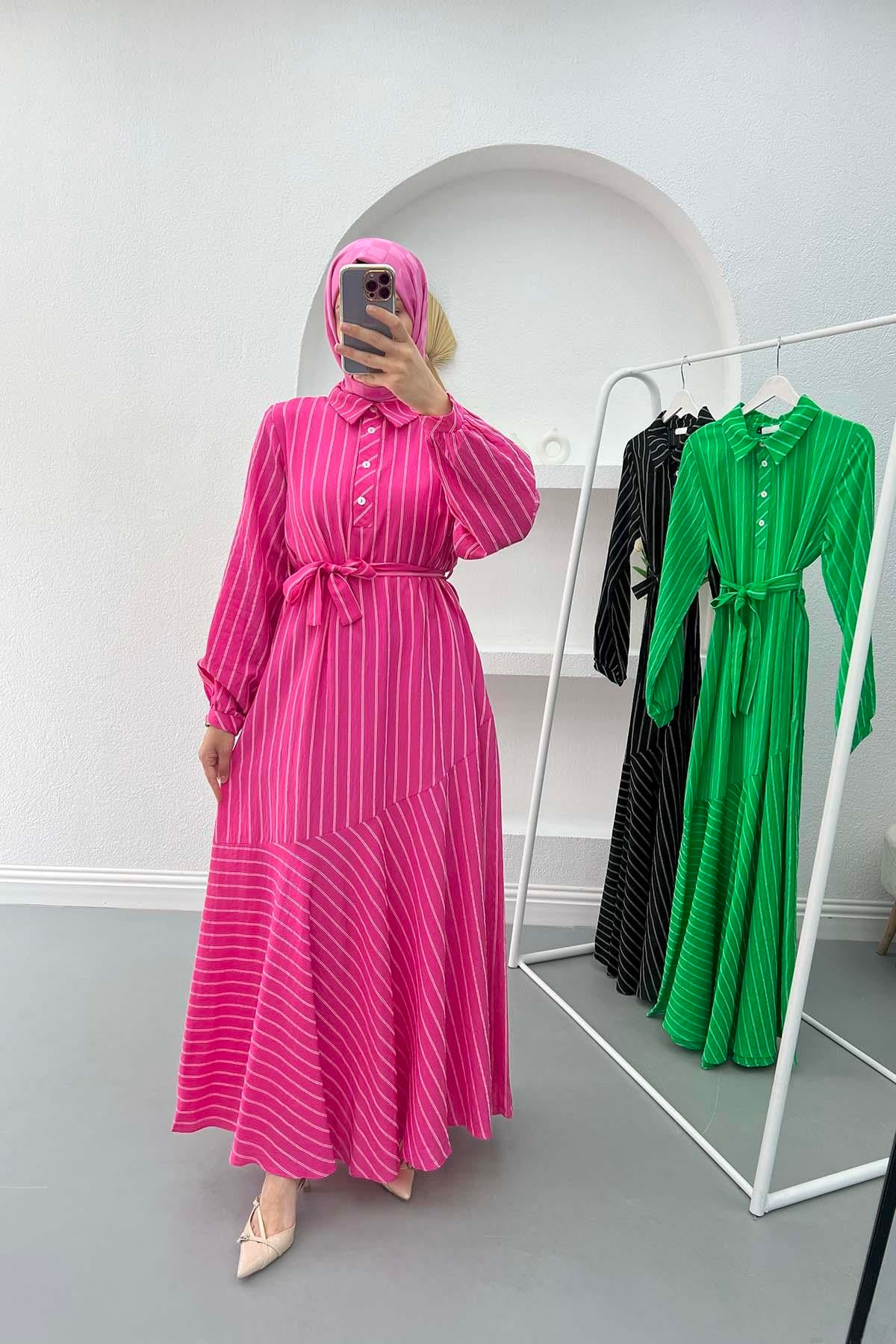 Yaka Düğmeli Çizgili Elbise Pembe