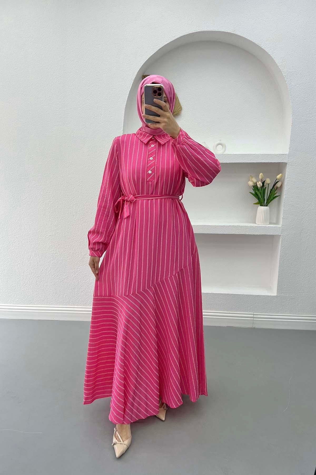 Yaka Düğmeli Çizgili Elbise Pembe