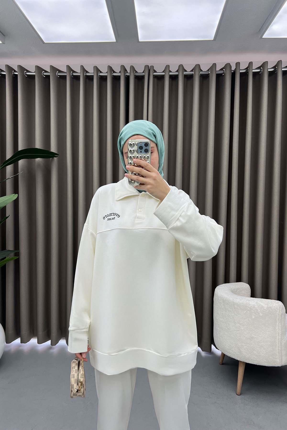 Yaka Düğmeli Sweat Takım Krem